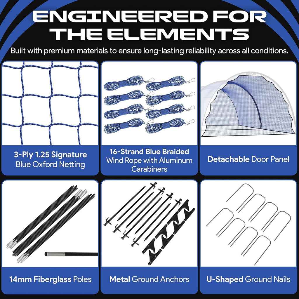 Portable 22ft x 12ft x 8ft Baseball & Softball Batting Cage – Easy to Install Hitting Cage with Pitching Machine Hole, 3-Ply Blue Netting, 14mm Fiberglass Poles, Secure Steel Frame & Carry Bag Include