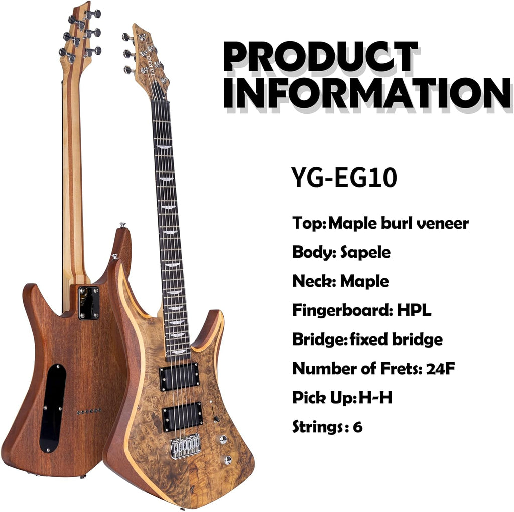 TARIO 6-String Electric Guitar, Maple Burl Veneer Top, Sapele Body, Maple Neck, 24 Frets, HPL Fingerboard, Dual Humbucker Pickups (H-H), Fixed Bridge – Modern Ergonomic Design for Stage & Studio