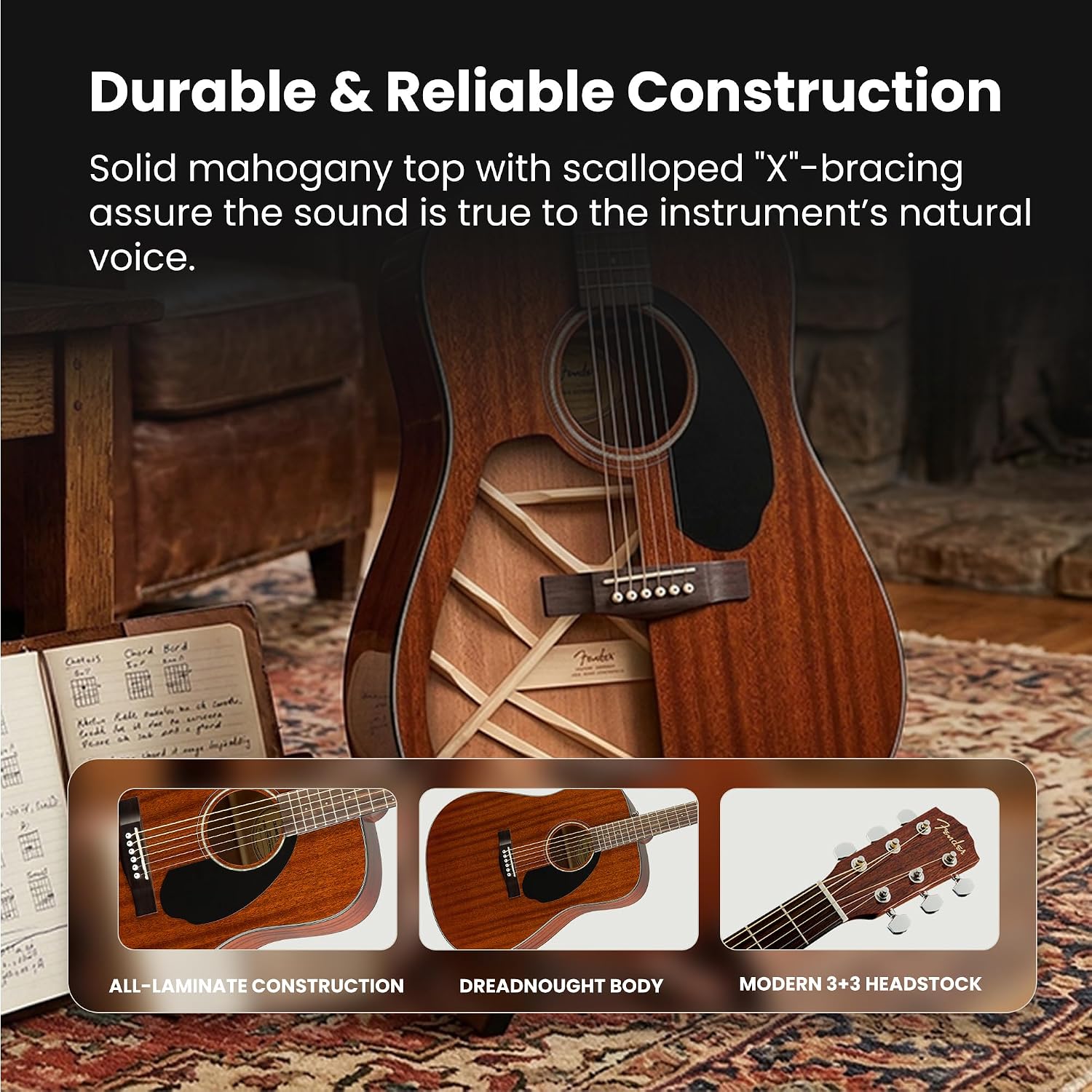 Fender CD-60S Solid Top Dreadnought Acoustic Guitar - All Mahogany Bundle with Gig Bag, Tuner, Strap, Strings, Picks, and Austin Bazaar Instructional DVD