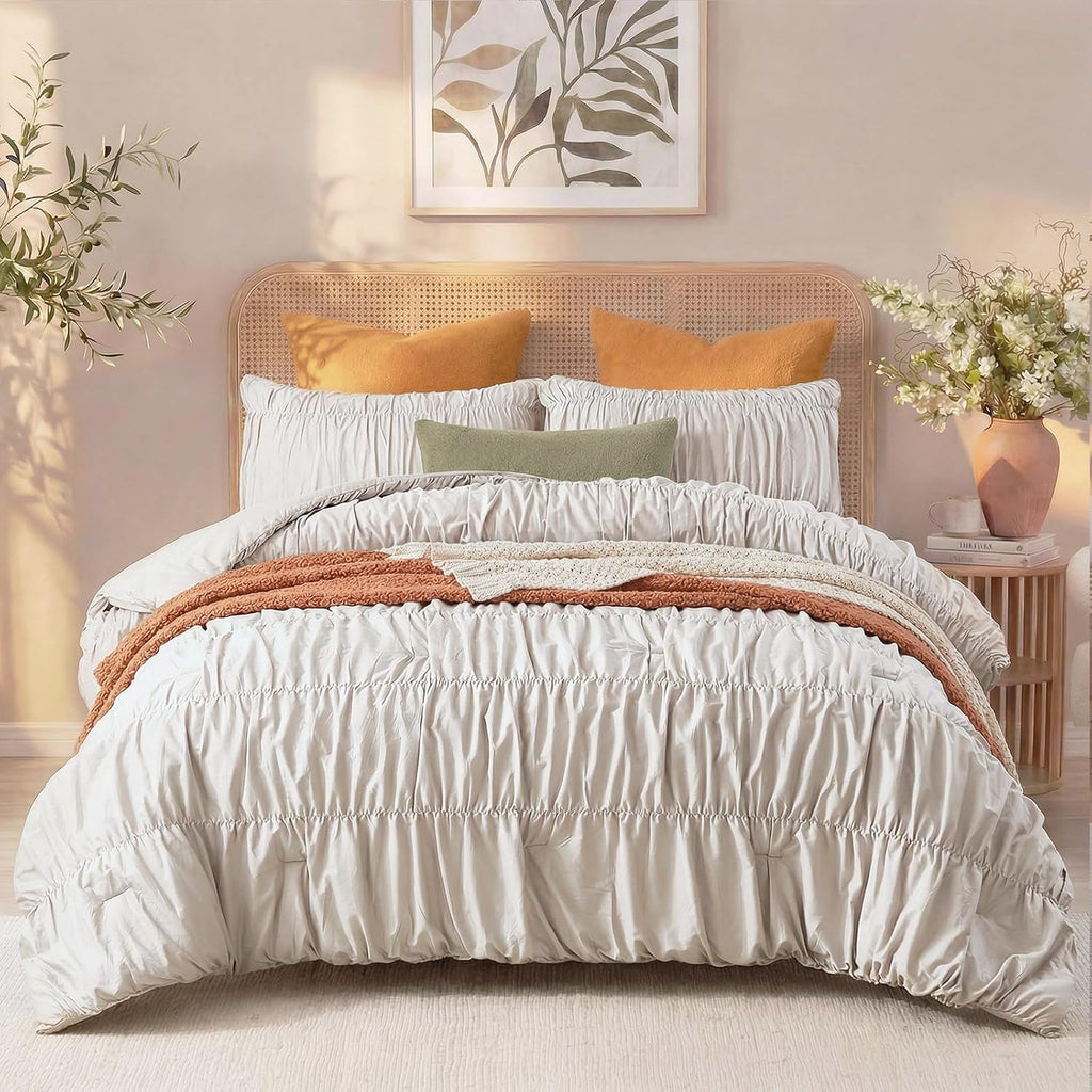 Bedbay Cotton Ruched Comforter for King Size Bed,Breathable Cotton Boho Comforter Set,Shabby Chic Ruffle Bedding Vintage Farmhouse Quilt Set,Soft Durable 3 Pcs Fluffy Comforter Bedroom Decor