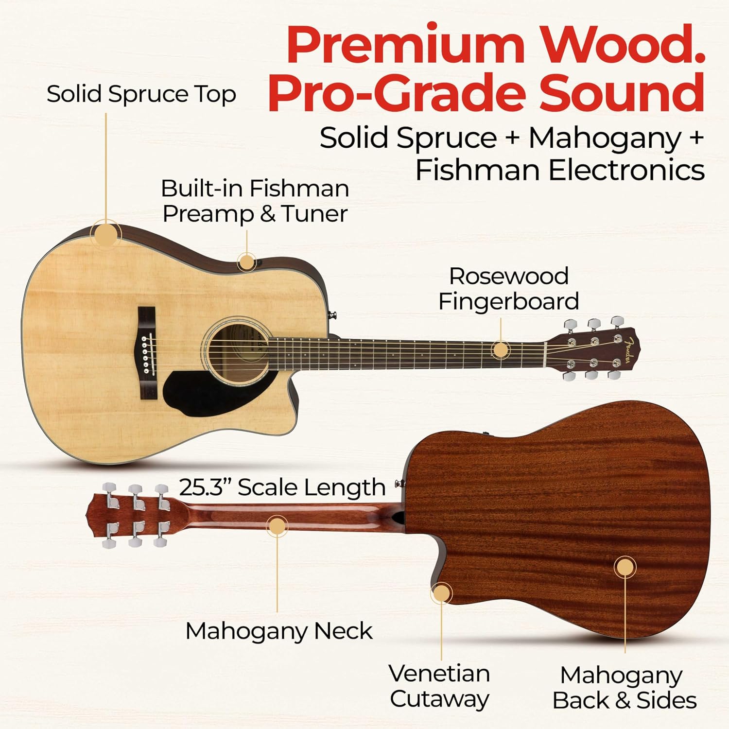 Fender CD-60SCE Solid Top Dreadnought Acoustic-Electric Guitar - Natural Bundle with Hard Case, Instrument Cable, Tuner, Strap, Strings, Picks, Austin Bazaar Instructional DVD, and Polishing Cloth