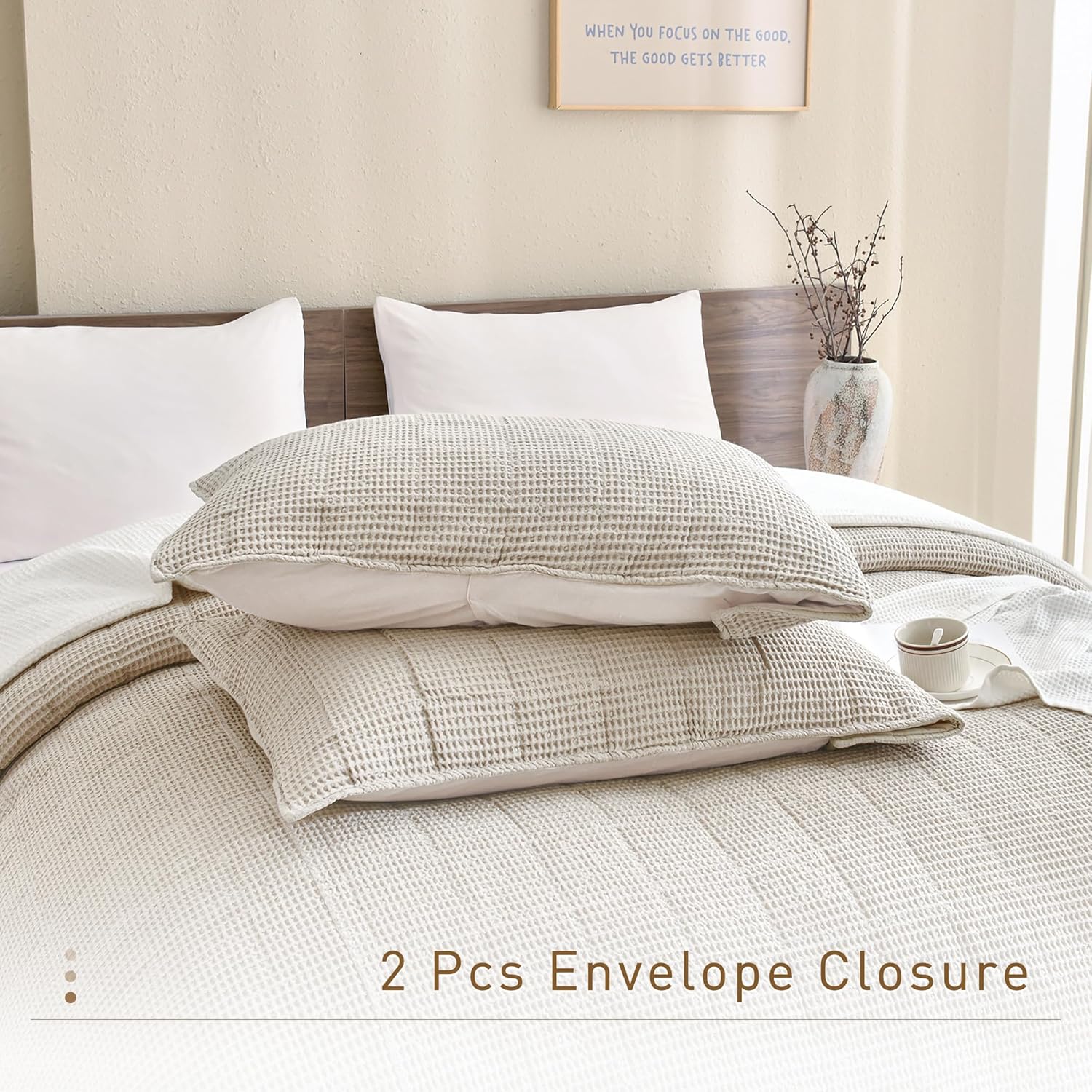 CozyTide King Size Quilt(110x98 Inch),100% Cotton Light Khaki King Quilt Bedding Set,Vintage Farmhouse Boho Lightweight Waffle Bedspread Ultra Soft