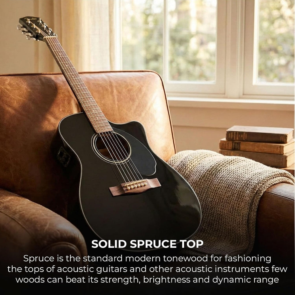 Fender CD-60SCE Solid Top Dreadnought Acoustic-Electric Guitar - Black Bundle with Hard Case, Instrument Cable, Tuner, Strap, Strings, Picks and Austin Bazaar Instructional DVD