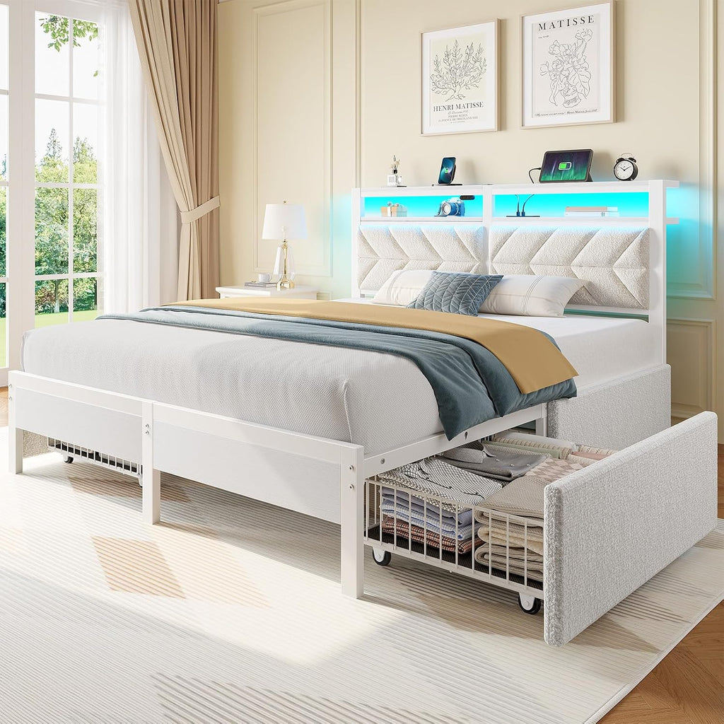 Seventable Full Size Bed Frame with 4 Storage Drawers, Charging Station & LED Lights, Upholstered Headboard with 2-Tier Shelves, Metal Platform Bed, No Box Spring Needed, Noise-Free, White