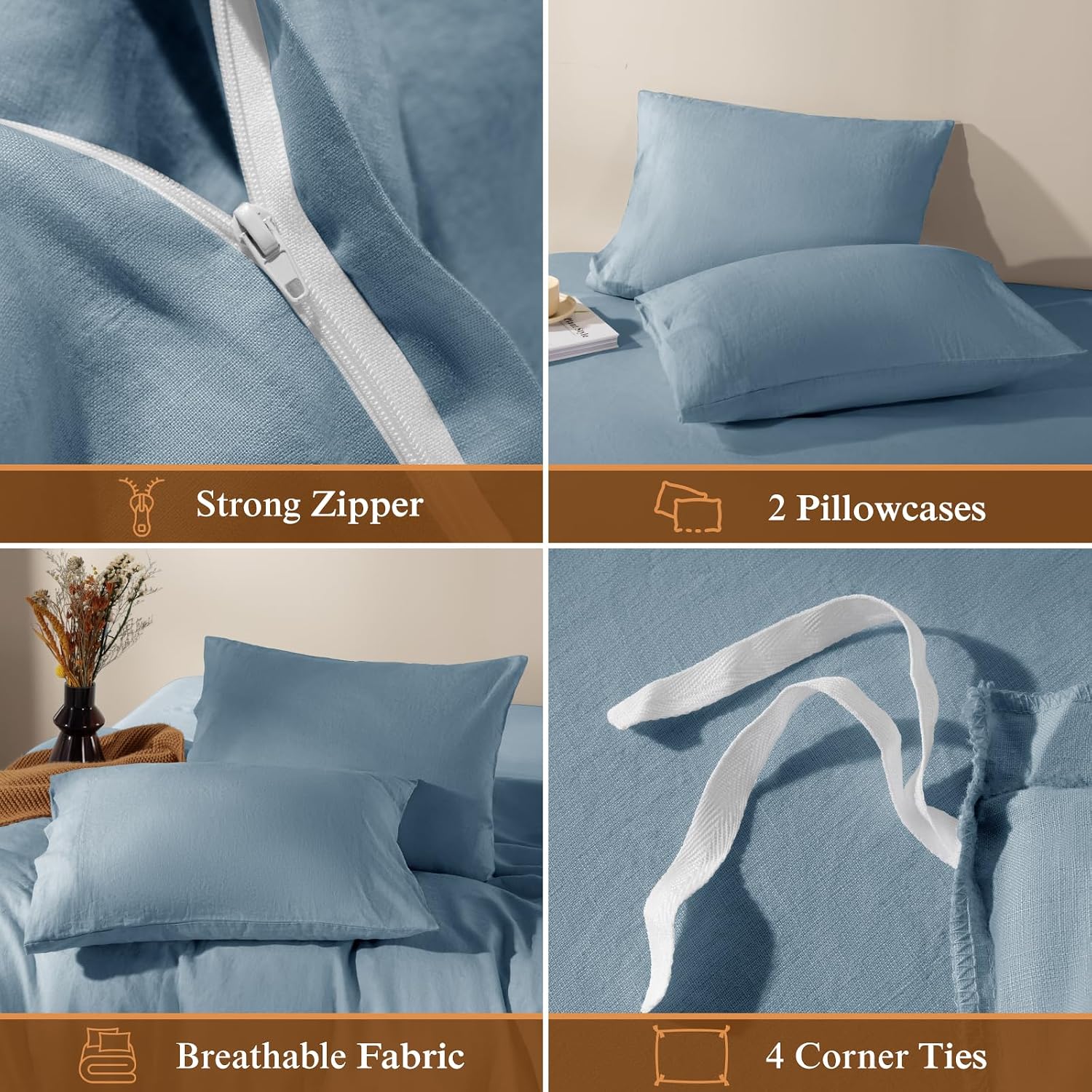 LBRO2M 100% France Linen Duvet Cover Set 3 Pcs Natural Flax Duvet Cover Set 2 Pillowcase 1 Duvet Cover with Zipper (Dusty Blue California King)