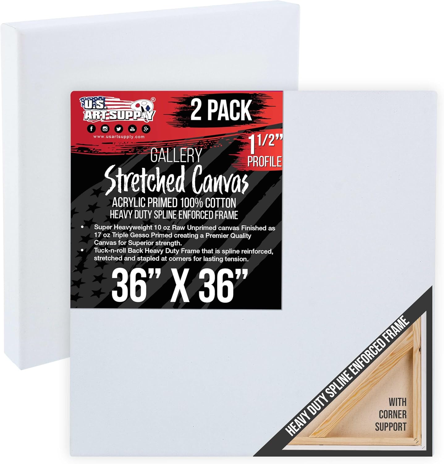 U.S. Art Supply Rectangle Stretched Canvas for Painting 36x36 inch Gallery Depth 1-1/2' Thick, 2-Pack - 17oz Acrylic Gesso Triple Primed, Professional Artist Quality, 100% Cotton - Oil, Pouring Paint