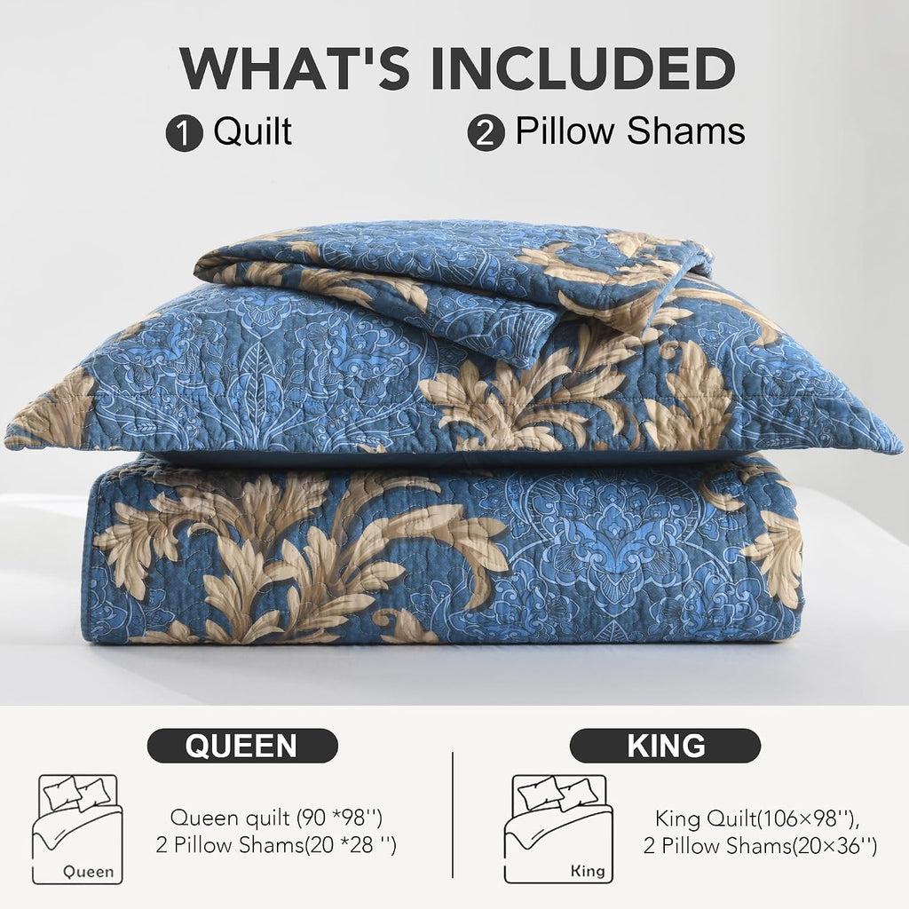 King Size Quilt Set - Blue and Brown Quilt King, 100% Cotton Damask Bedspread Set 3 Piece, Classic Elegant Lightweight Comforter, Reversible Quilt Bedding Set for All Season