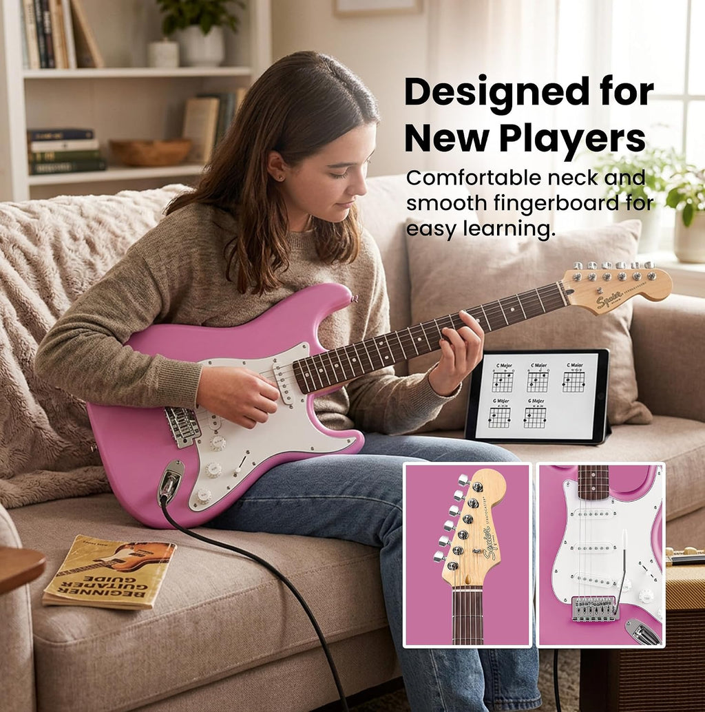 Fender Squier Stratocaster - Flash Pink Bundle with Amplifier, Gig Bag, Instrument Cable, Strap, Picks, and Austin Bazaar Instructional DVD