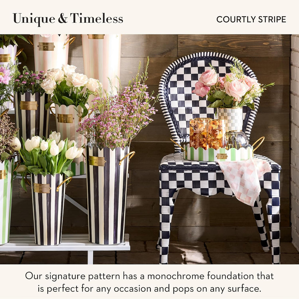 MACKENZIE-CHILDS Set of 3 Galvanized Flower Buckets, Decorative Metal Buckets, Black-and-White Courtly Stripe