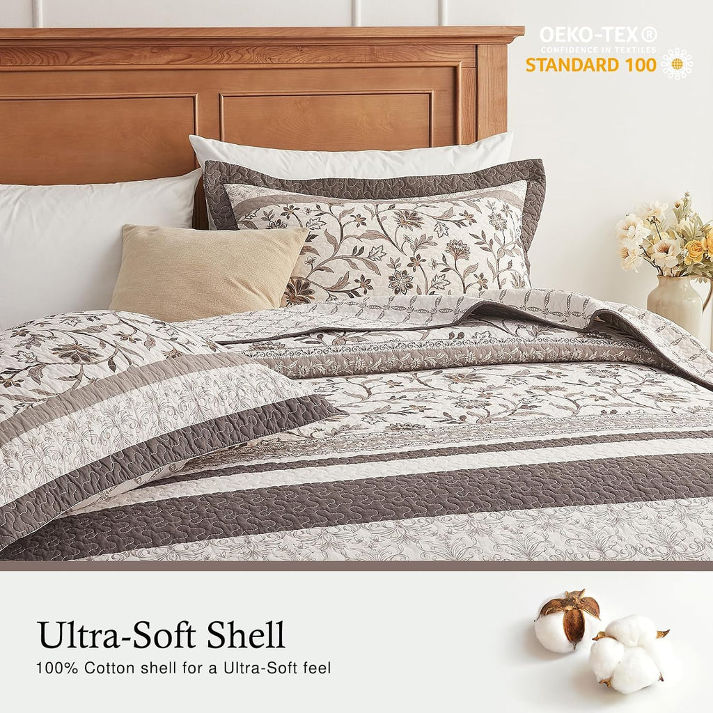 Farmhouse Oversized Bedspread Queen Size 102'x120' - 100% Cotton Lightweight Extra Large Quilt with 2 Pillowshams, Reversible Botanical Striped Pattern Bedding Coverlet, 3 Pcs, Brown/Coffee