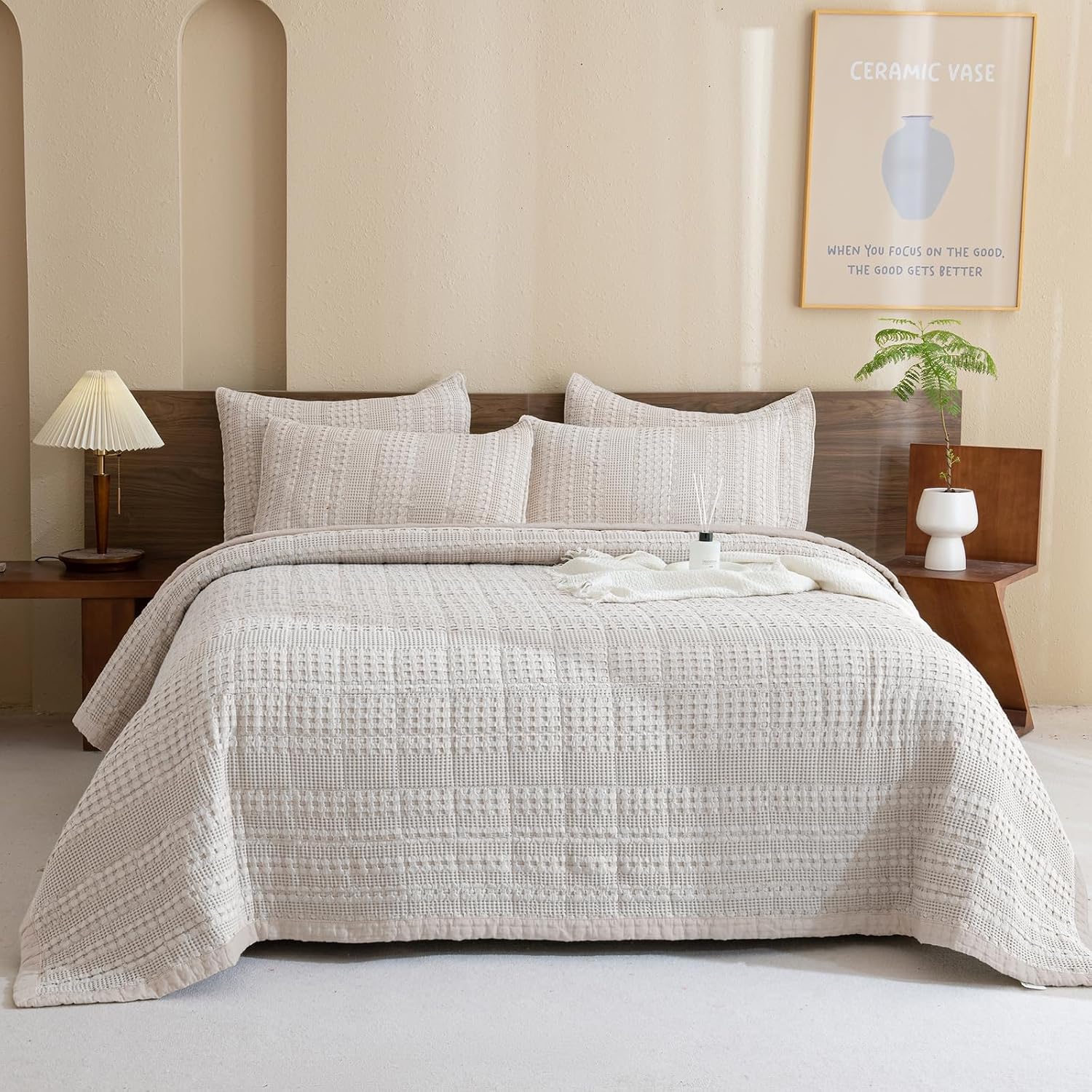 Sanracie Oversized King Quilt (120'x120'), Cotton Oatmeal Colored Waffle Weave Quilted Bedding Set Super Large Soft Bedspread 3Pcs Luxury Aesthetic Coverlet Set for All Season