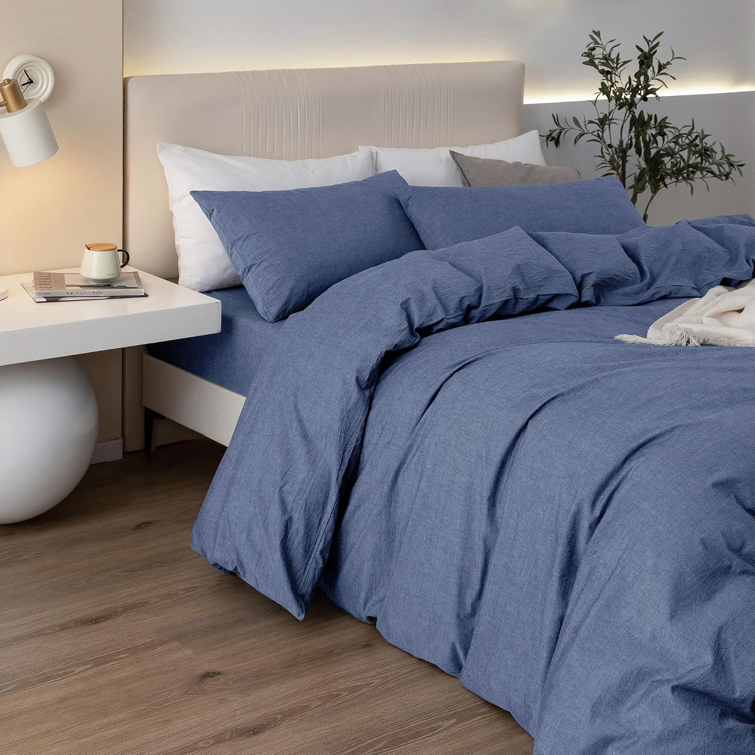 JIYUAN Super King Plus Duvet Cover Set, 3-Piece - 100% Washed Cotton, Linen-Like Soft & Breathable with Zipper Closure, Includes 120x120 Inch Cover & 2 Pillowcases, Heathered Blue