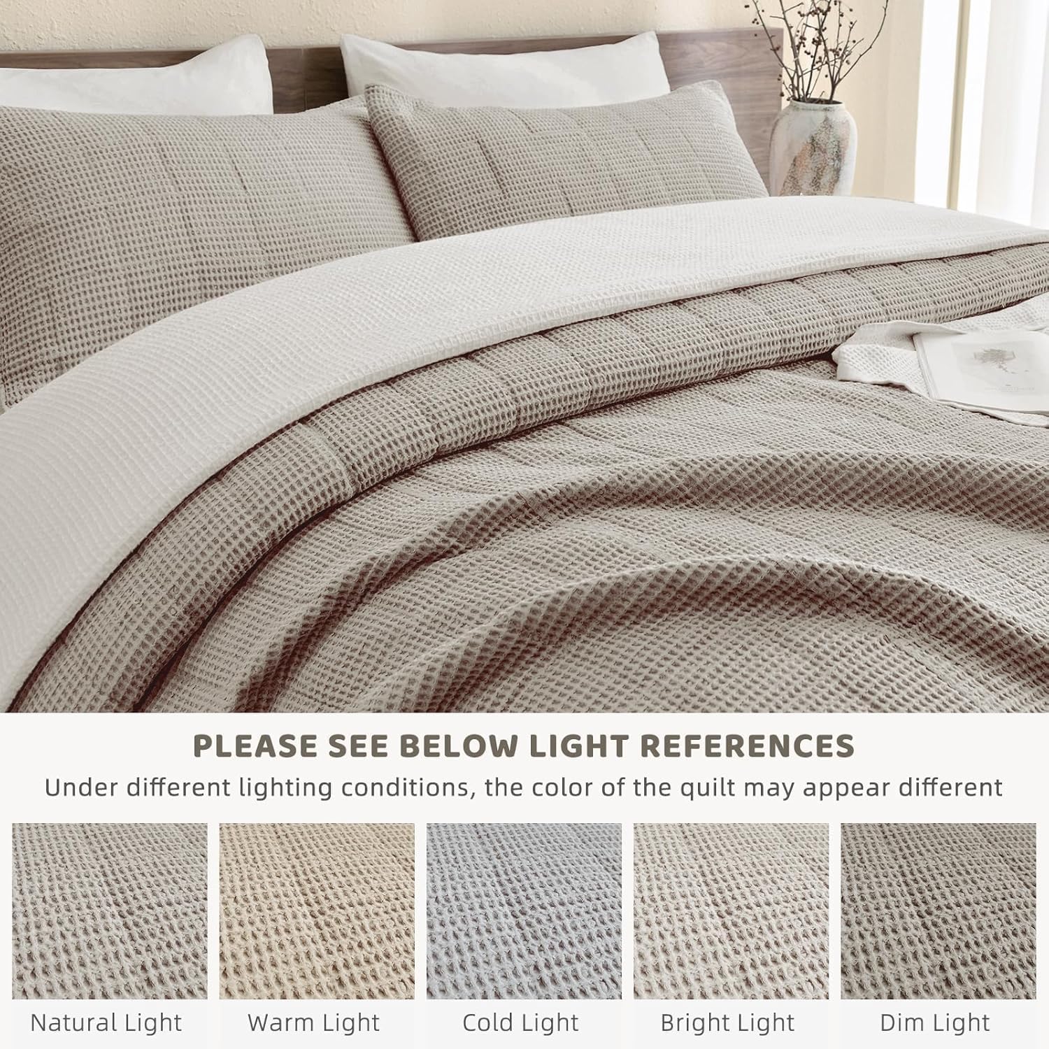 Sanracie Oversized King Quilt (106'x118'), Dark Khaki Waffle Weave Cotton Quilt Sets, 3Pcs Luxury Aesthetic Quilt Bedding Set, Soft Breathable Lightweight Farmhouse Coverlet Set for All Season