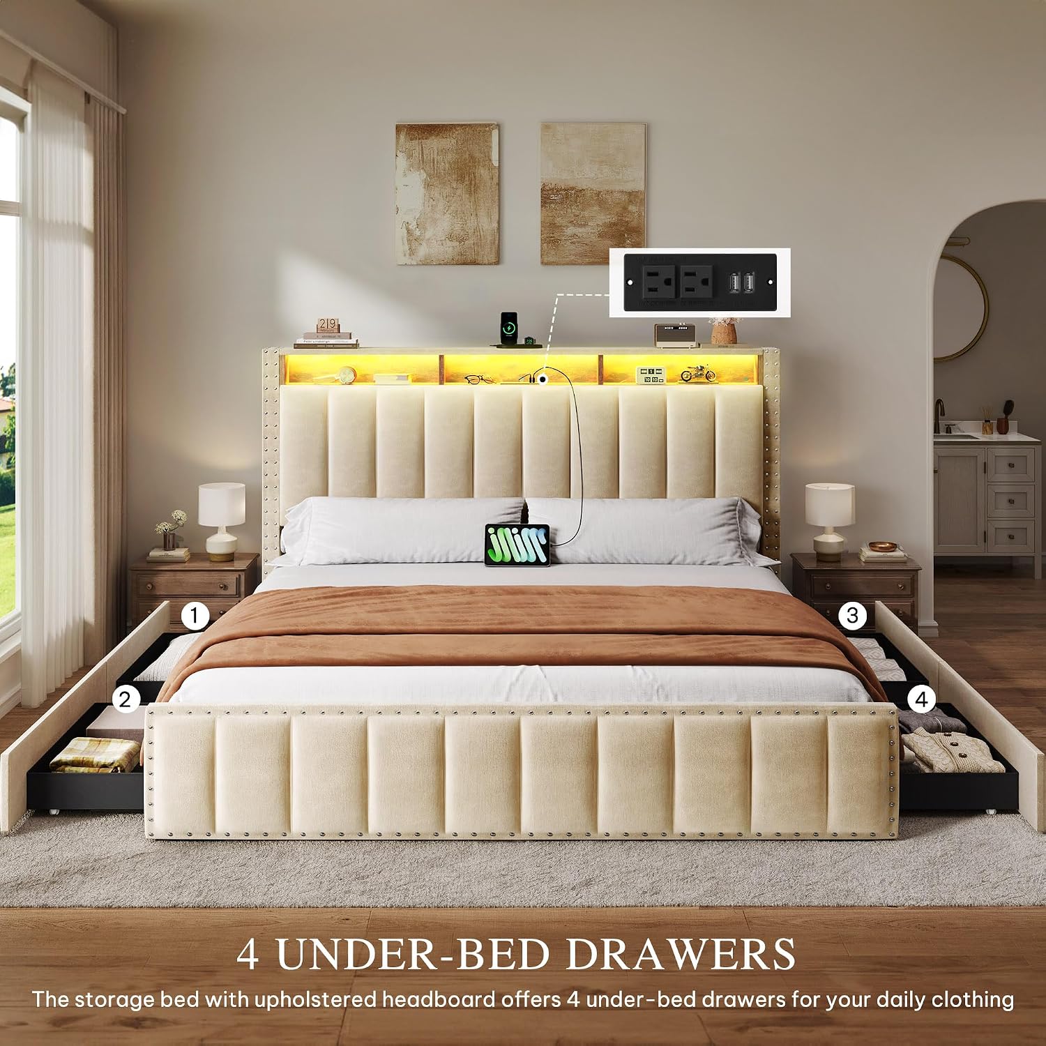 DWVO Full Size Bed Frame with 4 Storage Drawers and RGB LED Lights, Velvet Upholstered Platform Bed with Charging Station and Storage Headboard, No Box Spring Needed, Easy Assembly, Beige