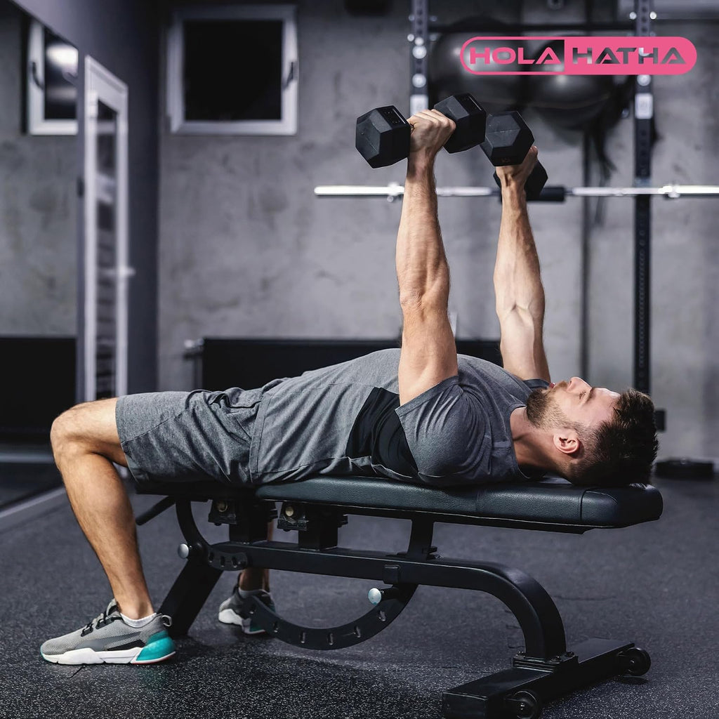 HolaHatha Hexagonal Dumbbell Free Hand Weight Set w/Rack