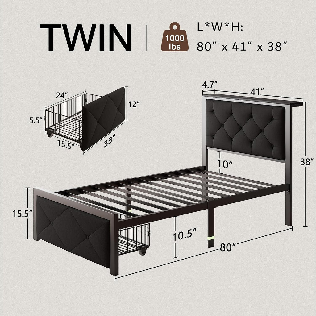 Einhomn Twin Bed Frame with Storage Drawer, Metal Platform Bed with Charging Station, Upholstered Linen Button Tufted Storage Headboard, No Box Spring Needed, Noise-Free, Easy Assembly, Black
