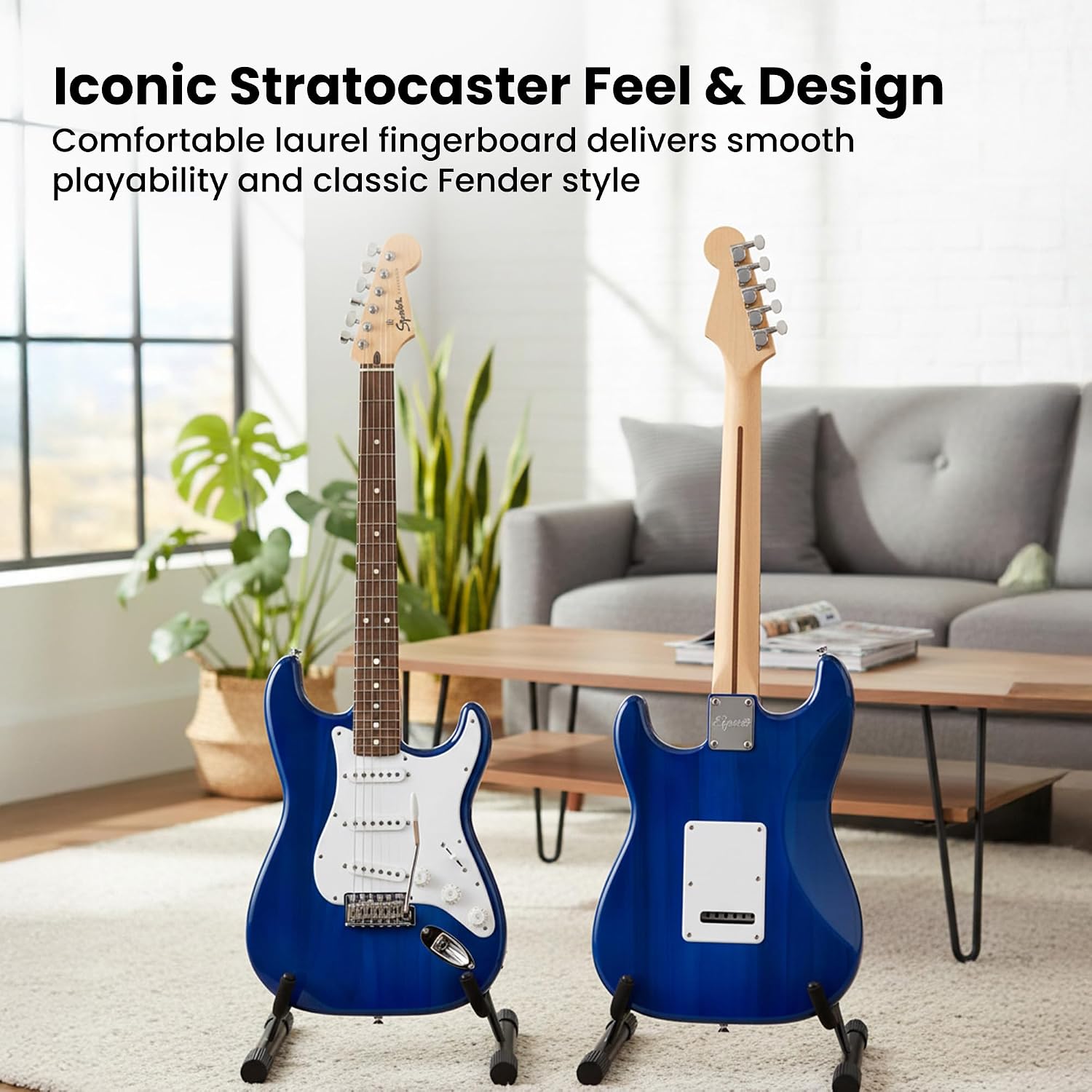 Fender Squier Sonic Stratocaster Pack - Sapphire Blue Transparent Bundle with Frontman 10G Amp, Gig Bag, Instrument Cable, Strap, Tuner, Picks, and Austin Bazaar Instructional DVD