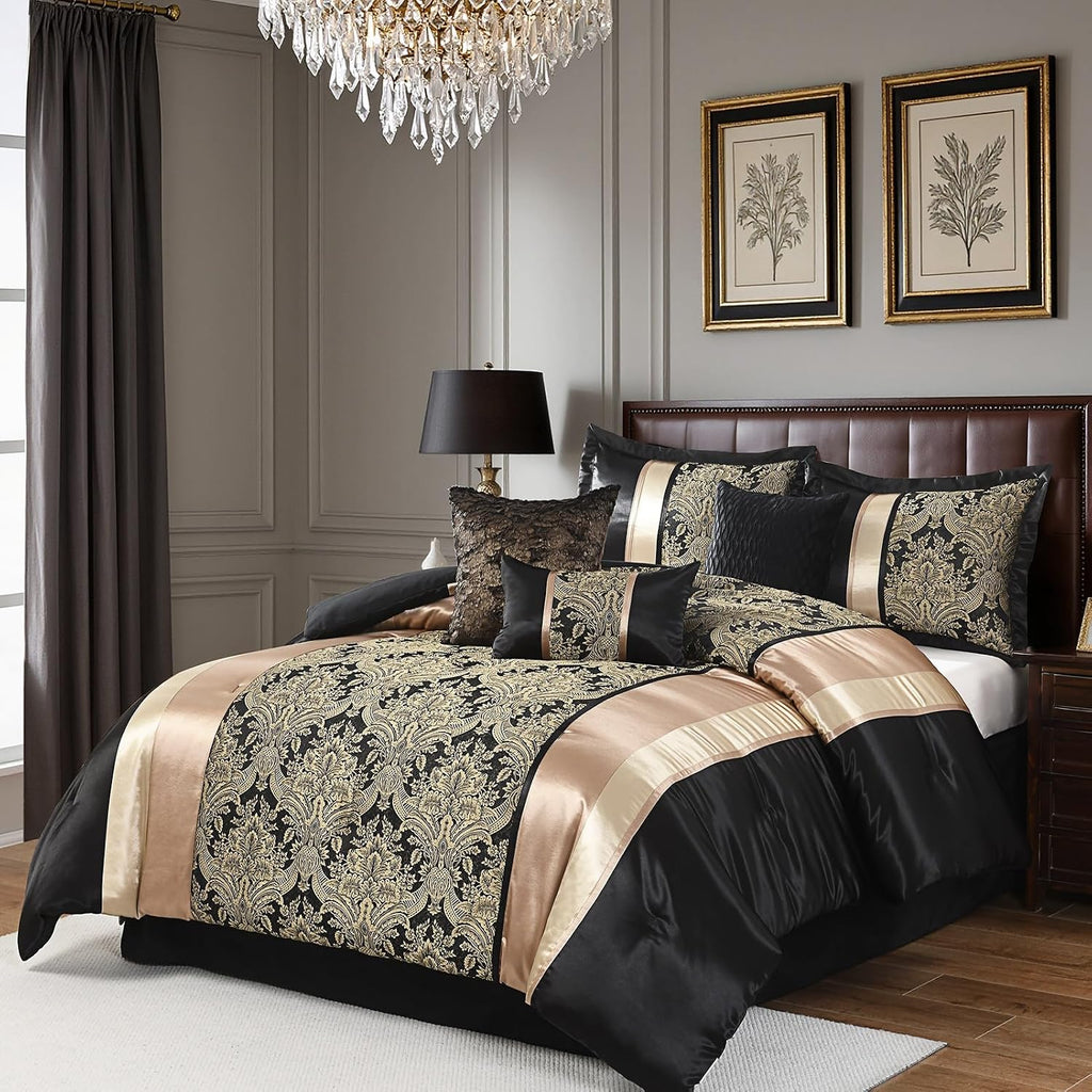 SahSahCasa 7-Piece Luxury King Comforter Set, Bed in a Bag King, Jacquard Silky Fluffy Comforter Bedding Set with Bedskirt, Decorative Pillows, Elegant Reversible, Down-Alternative, Black/Gold