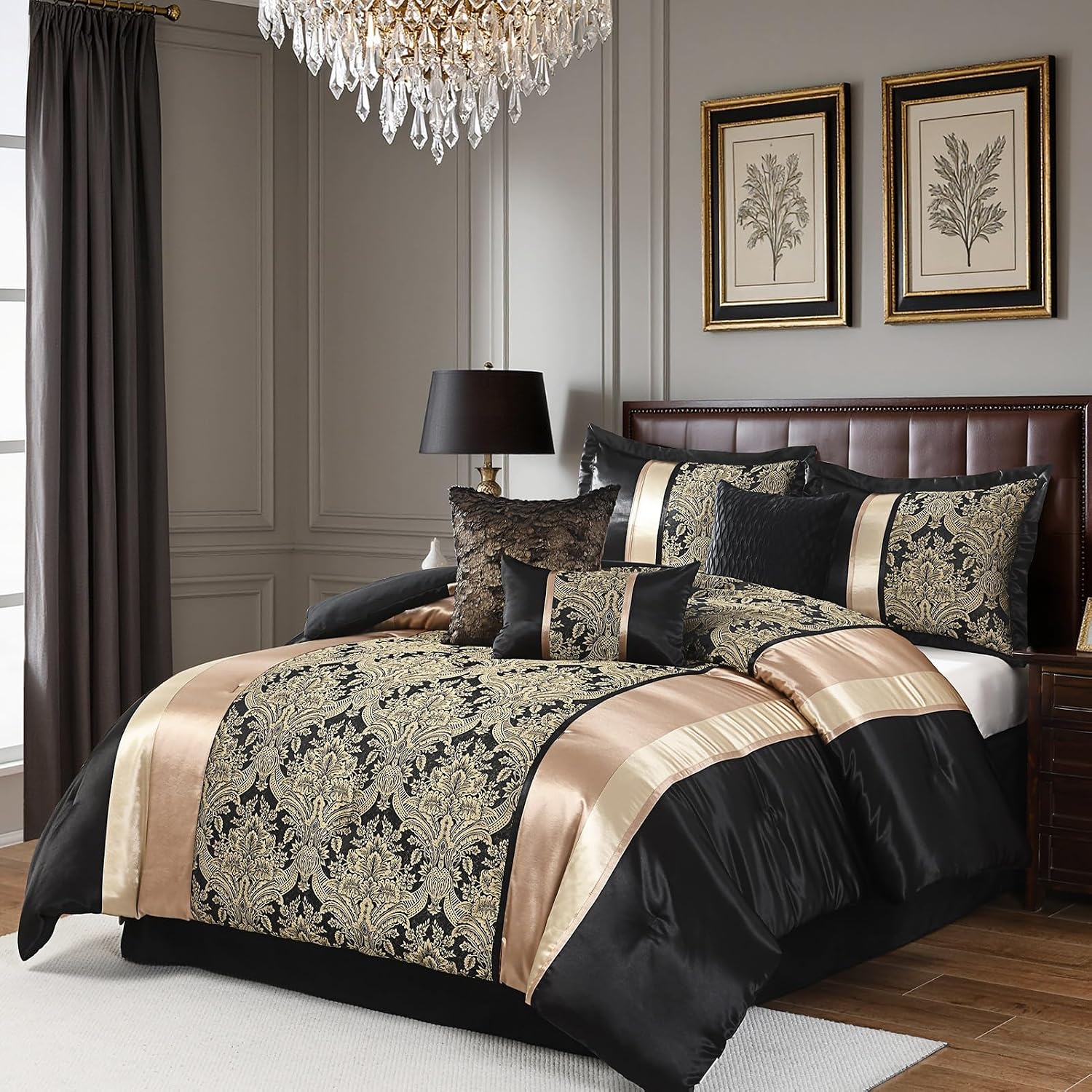 SahSahCasa 7-Piece Luxury King Comforter Set, Bed in a Bag King, Jacquard Silky Fluffy Comforter Bedding Set with Bedskirt, Decorative Pillows, Elegant Reversible, Down-Alternative, Black/Gold