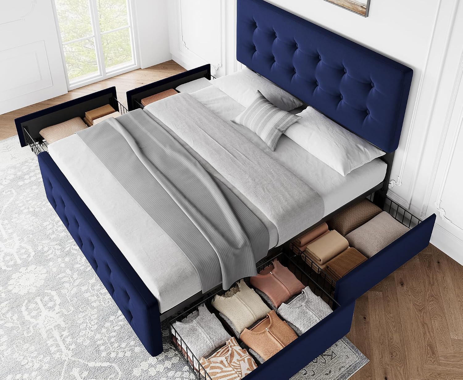 GAOMON Full Size Bed Frame with 4 Drawers and Adjustable Headboard, Velvet Upholstered Platform Bed with Button Tufted Design, No Box Spring Needed, Strong Wooden Slats, Blue