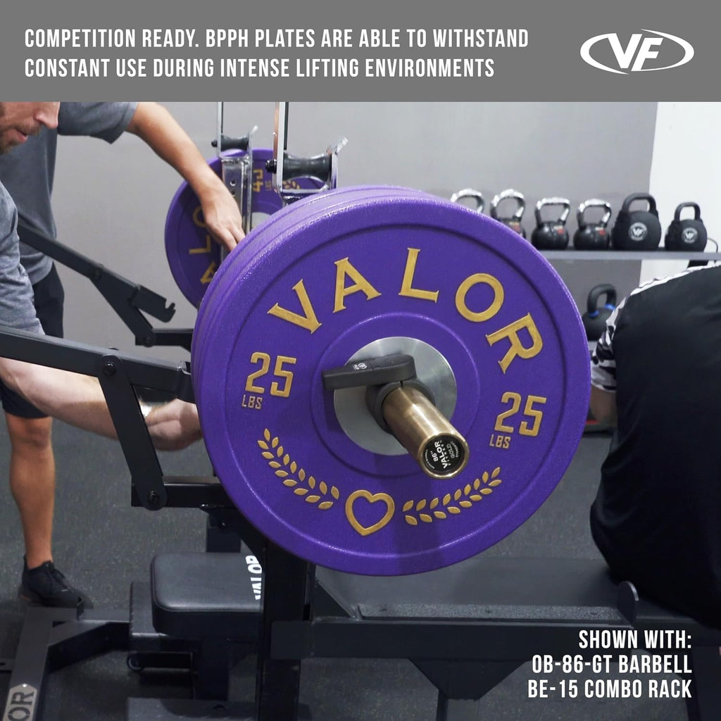 Valor Fitness Polyurethane Olympic Bumper Plates - 25lbs ea. -Set of 2 - Purple Heart Edition Weight Plate - 2 in Center Steel Ring - Military Home Gym Workout Equipment -BPPH-25