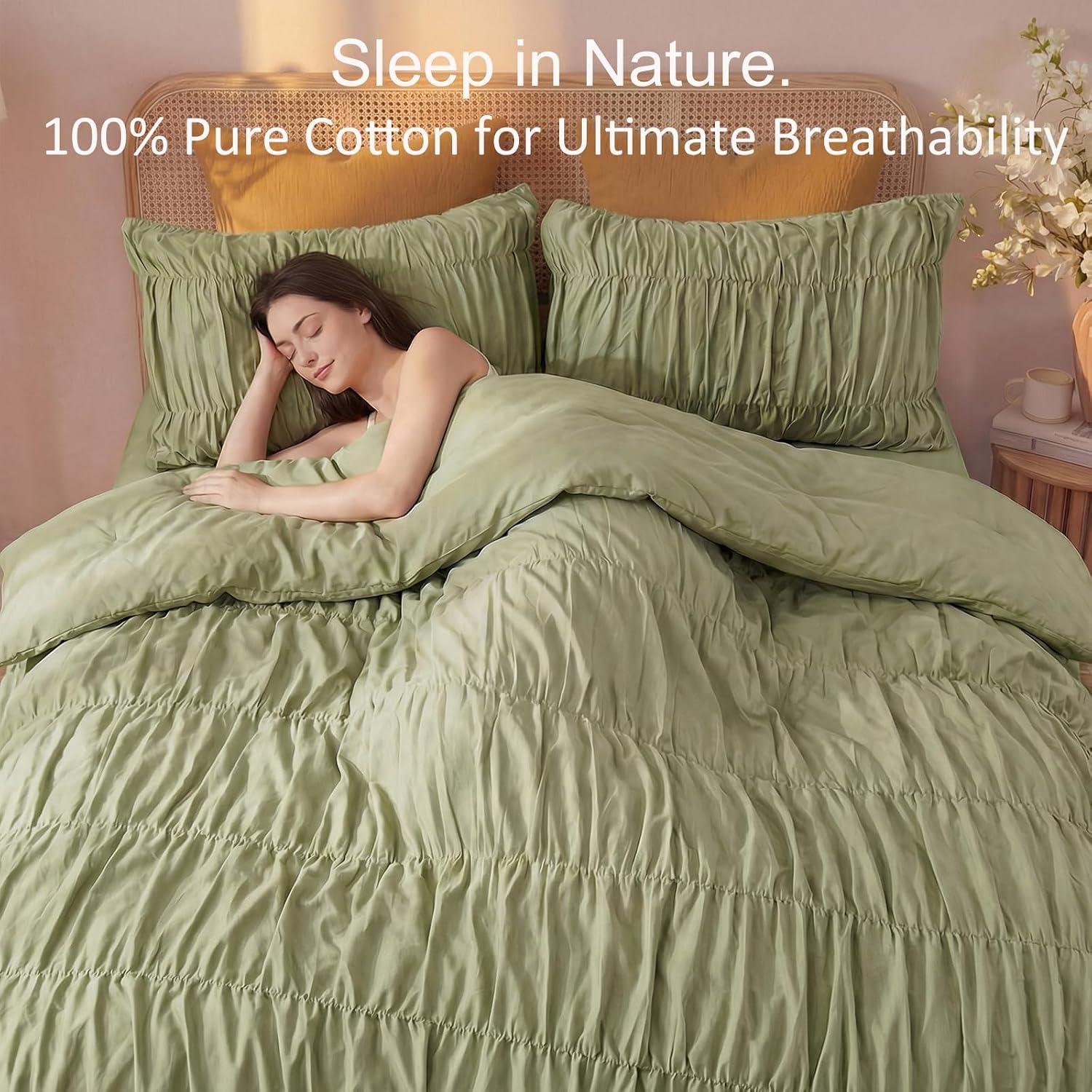 Bedbay Ruched Comforter Set King Size,100% Cotton Boho Bedding Set,Avocado Green Cinched Fluffy Comforter for Bedroom,3 Pcs Vintage Ruffle Bedding Aesthetic Room Decor for All Seasons