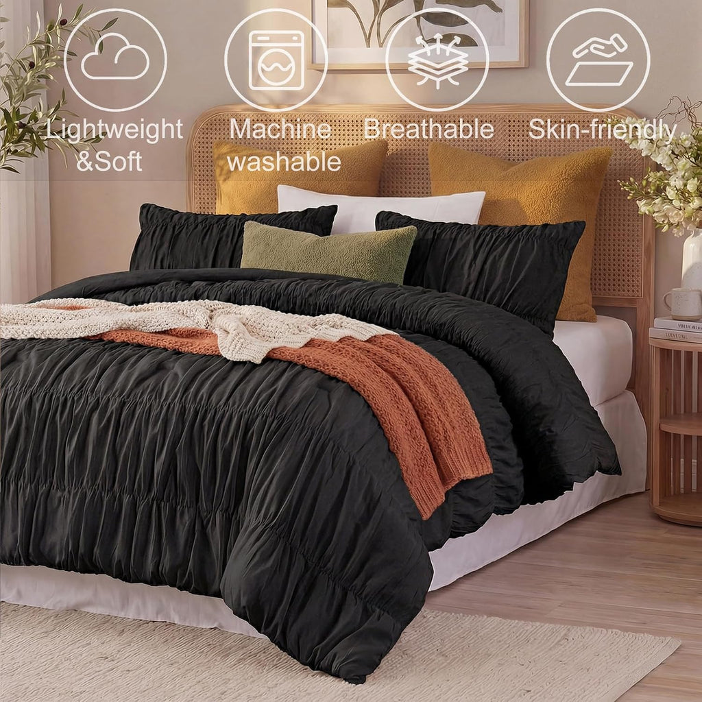 Bedbay Black Ruched Comforter Set King Size,100% Cotton Boho Bedding Set,Black Cinched Fluffy Comforter for Bedroom,3 Pcs Vintage Ruffle Bedding Aesthetic Room Decor for All Seasons