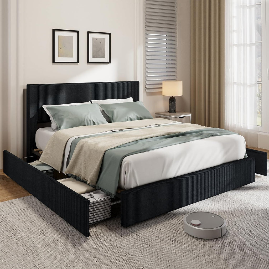 GarveeHome Bed Frame, King Size Platform Bed with 4 Storage Drawers, Upholstered Corduroy Channel Tufted Headboard Bed Frame with Strong Wooden Slat Support, No Box Spring Needed, Black