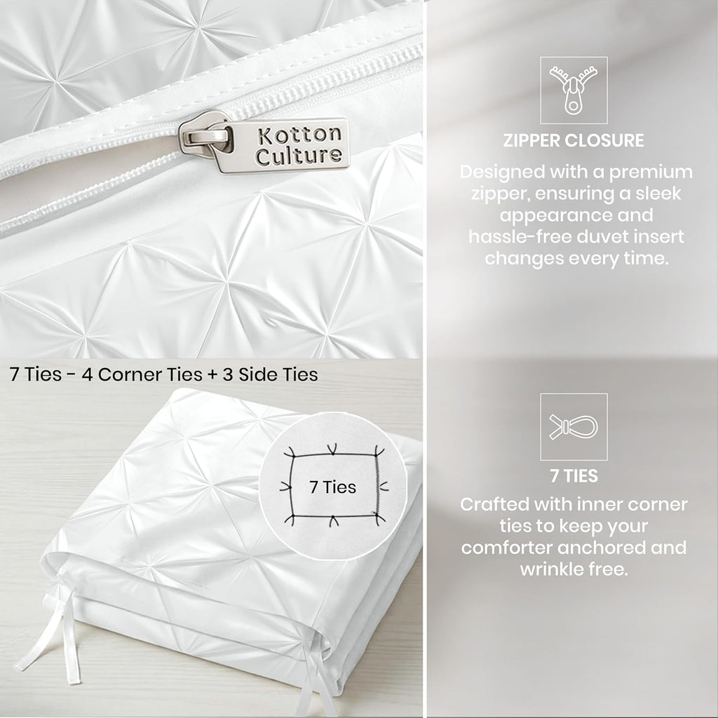 Kotton Culture Custom Pinch Pleated - Pintuck Duvet Cover - 100% Egyptian Cotton 600 Thread Count Decorative Customize Comforter Cover(Desired Dimensions) - Zipper Closure & 7 Internal Ties - White