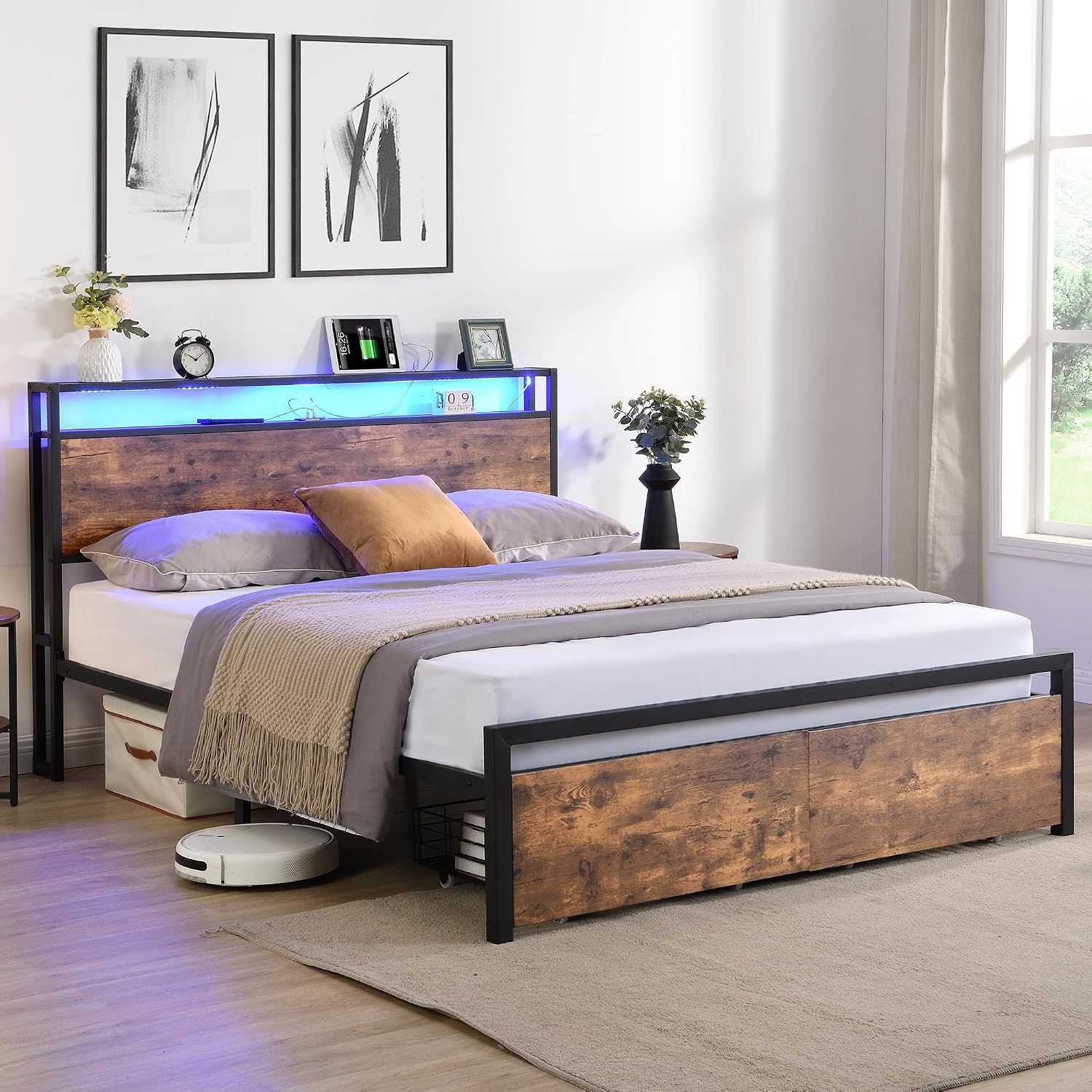 Queen Size Bed Frames with Storage Headboard and Drawers, LED Platform Bed Frame Queen Size, LED Upholstered Bed Frame with Charging Station, No Box Spring Needed, Easy Assembly,Grey