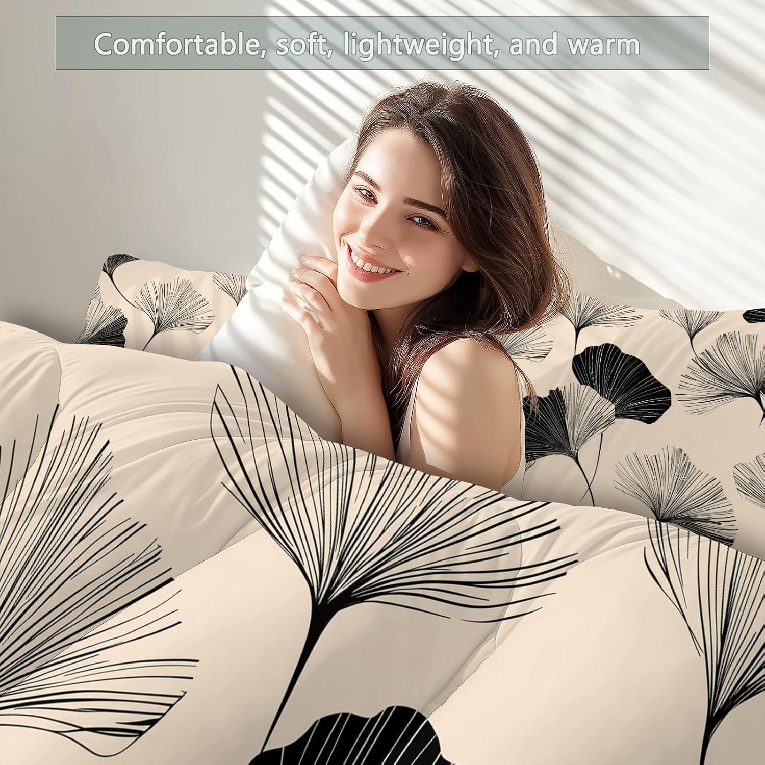 Comforter Set King with 2 Pillowcase, Hand Drawn Graffiti Ginkgo Leaves 3 Pcs Quilted Bedding for Kids and Adults, Soft Fluffy Breathable Microfiber Beige Comforter for Bedroom Decor