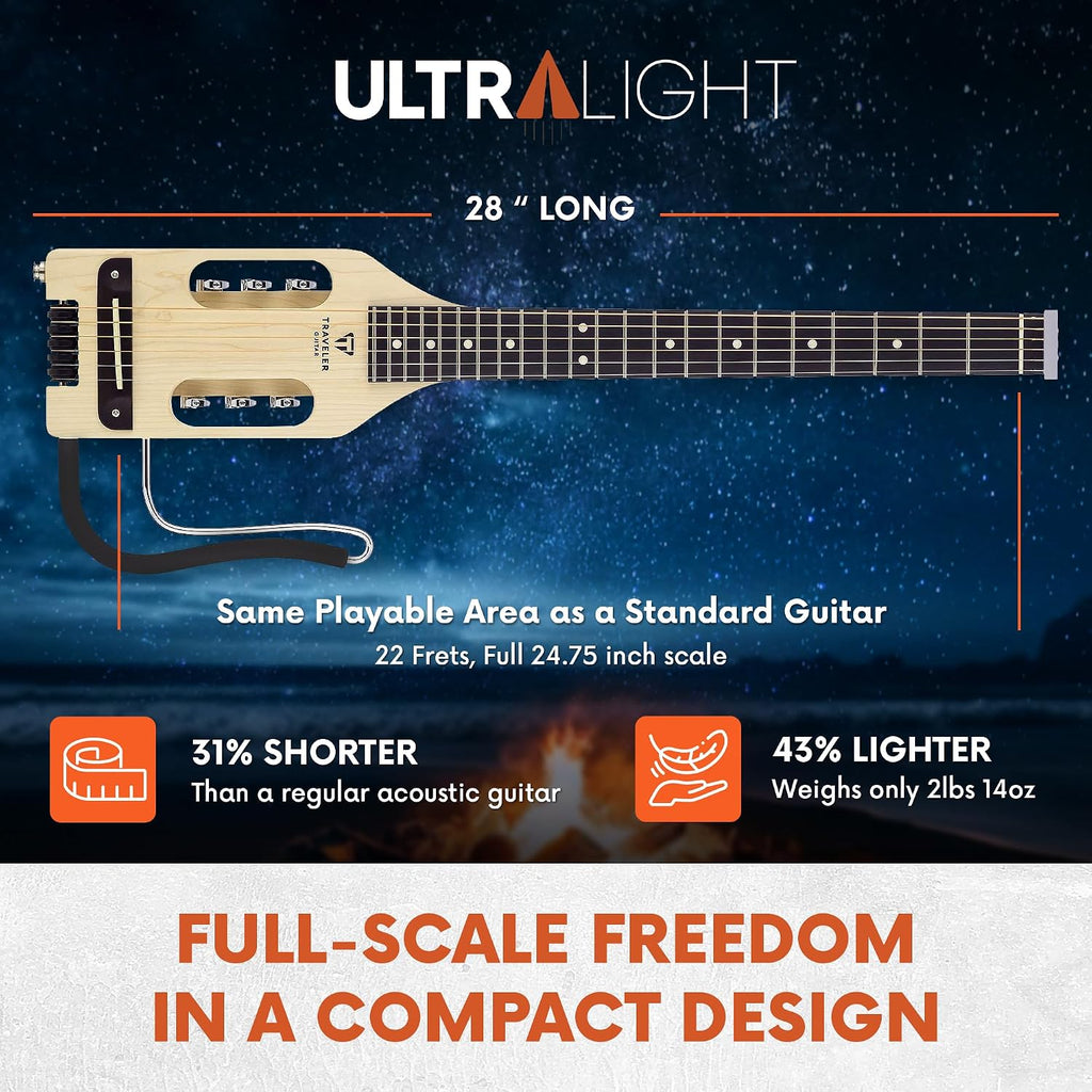 Traveler Guitar Ultra-Light Acoustic Guitar Maple | Portable Acoustic with Removable Lap Rest | Full 24 3/4' Scale Headless Guitar | Custom Gig Bag Included