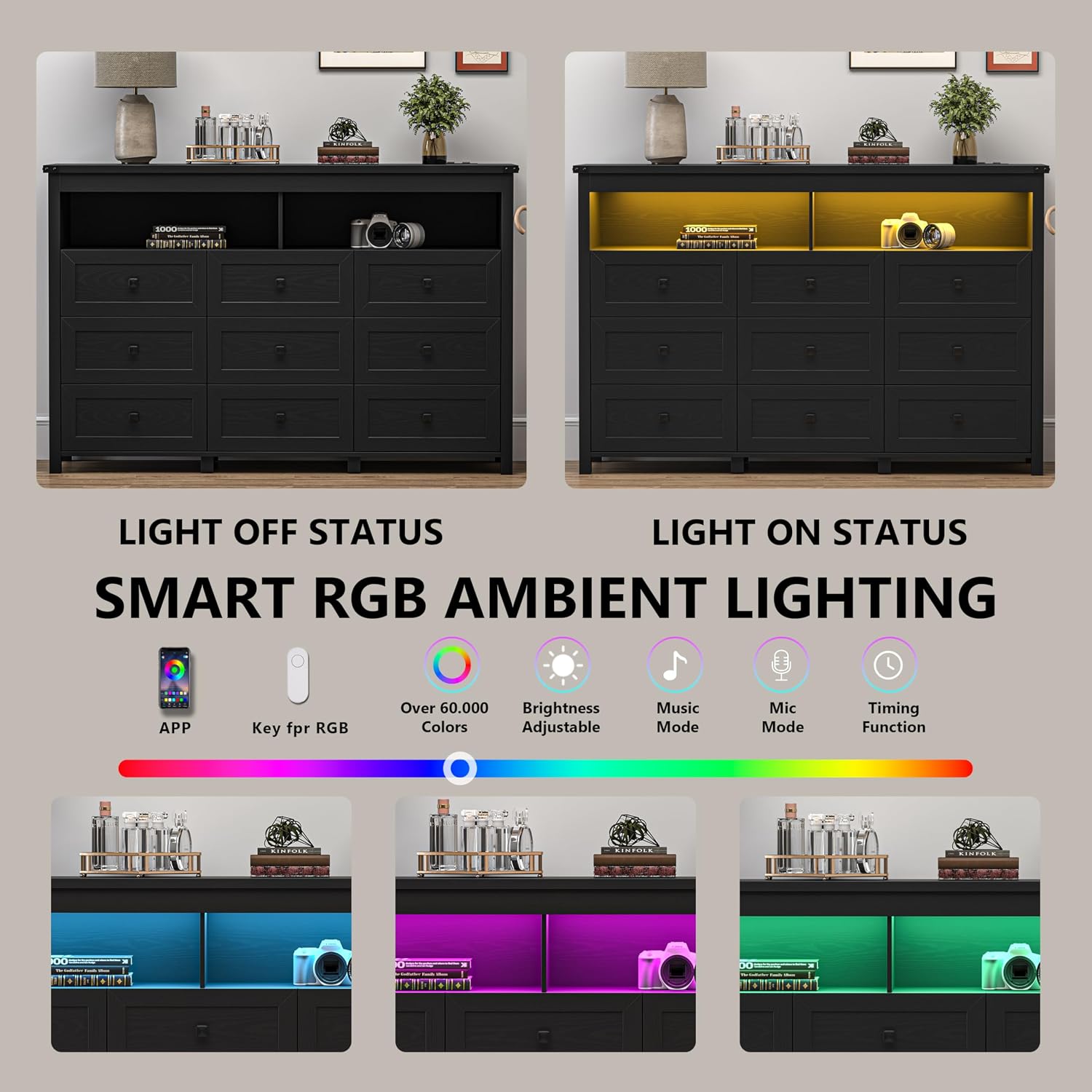 Dresser for Bedroom with 9 Drawers, Wide Modern Chest of Drawers with LED Light and Power Outlet, Wooden Closet Organizer Clothes Storage Cabinet, Double Dressers for Living Room, Hallway, Black