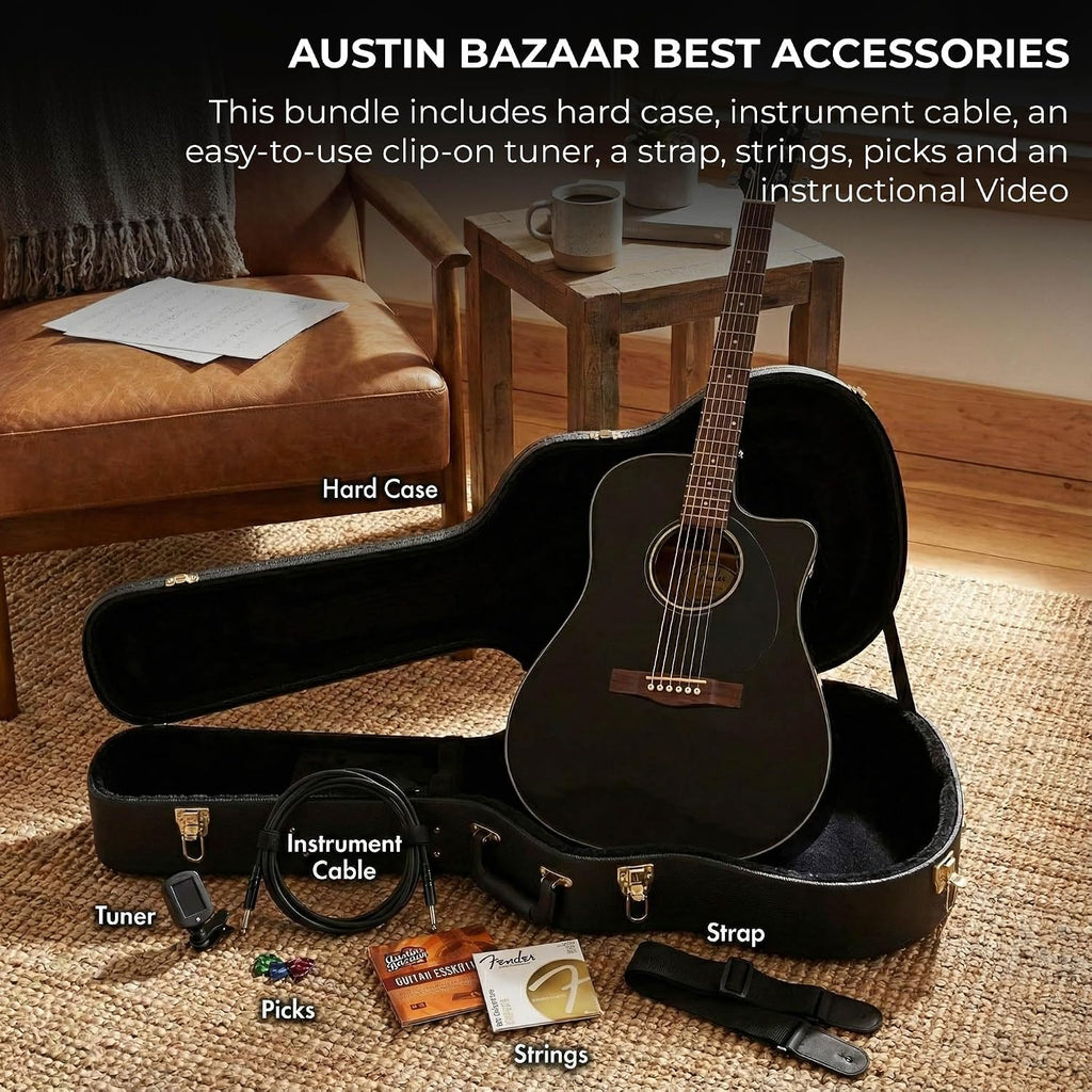 Fender CD-60SCE Solid Top Dreadnought Acoustic-Electric Guitar - Black Bundle with Hard Case, Instrument Cable, Tuner, Strap, Strings, Picks and Austin Bazaar Instructional DVD