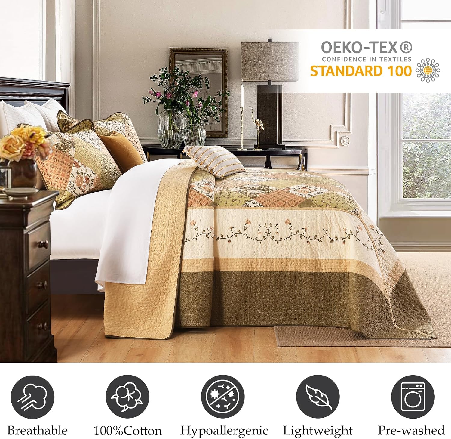 Floral Bedspread 128'x120' California King Bedspread, 100% Cotton XL Oversized King Quilt with 2 Pillowshams, Lightweight Farmhouse Quilted Bedspreads Coverlet Set, Brown, 3 Pcs