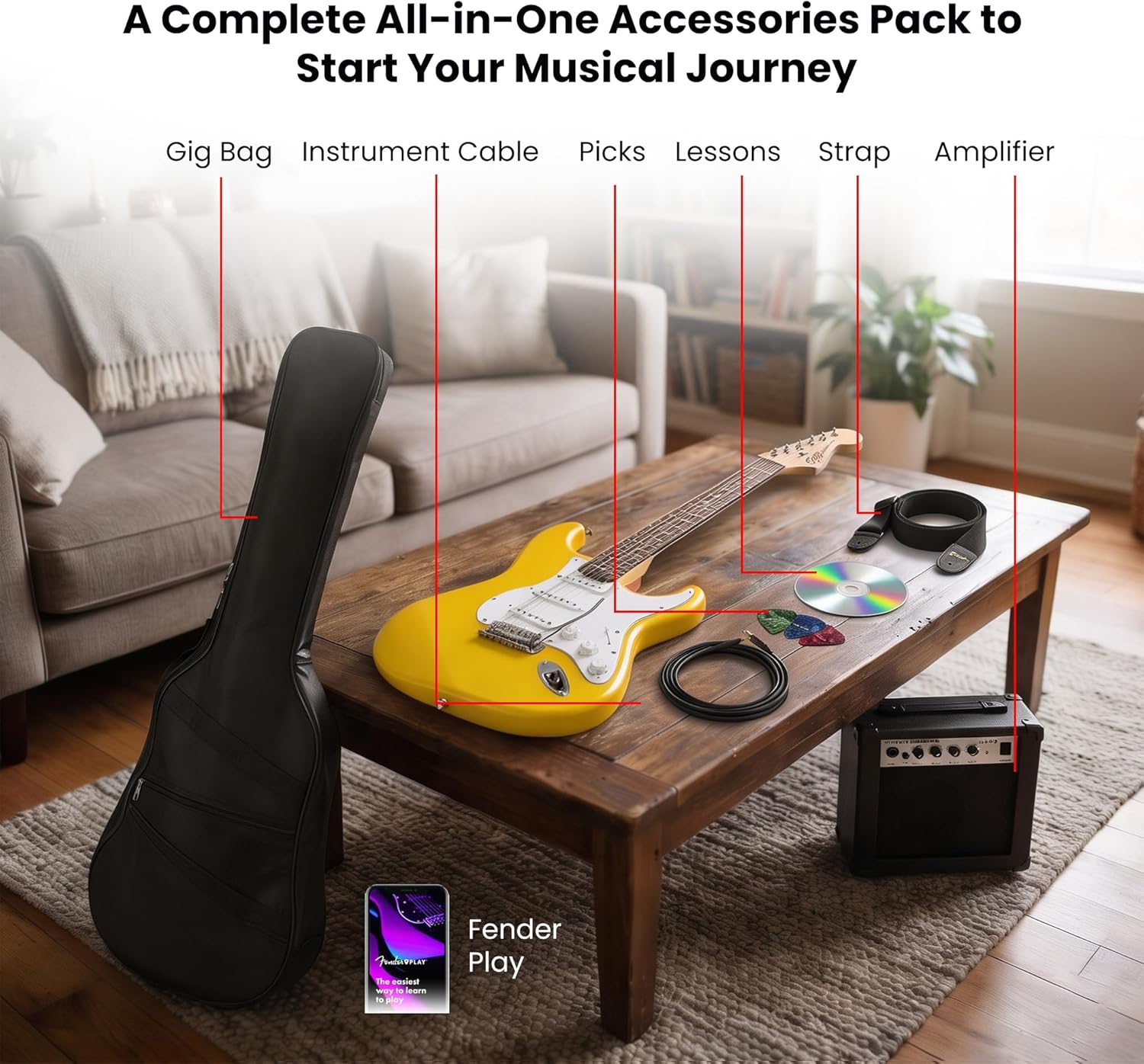Fender Squier Stratocaster - Graffiti Yellow Bundle with Amplifier, Gig Bag, Instrument Cable, Strap, Picks, and Austin Bazaar Instructional DVD