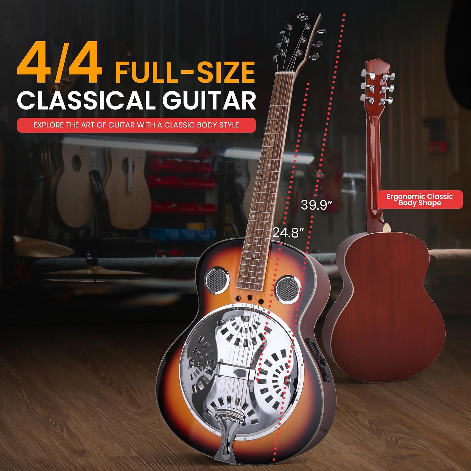 Pyle Resophonic Resonator Acoustic Electric Guitar-6 String Round Neck Sunburst Mahogany Traditional Resonator w/Built-in Pre Amplifier,Case Bag,Strap,Steel Strings,Tuner,Picks