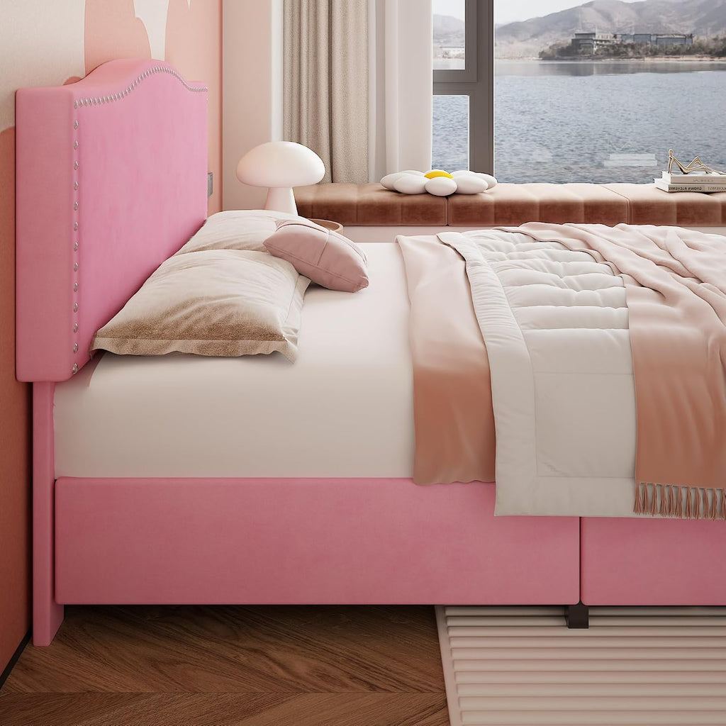 VECELO Queen Bed Frame, Platform Bed Frame with 4 Underbed Storage Drawers & Adjustable Height Upholstered Headboard, Heavy-Duty Frame and Strong Wooden Slats Support, Noise-Free, Easy Assembly, Pink
