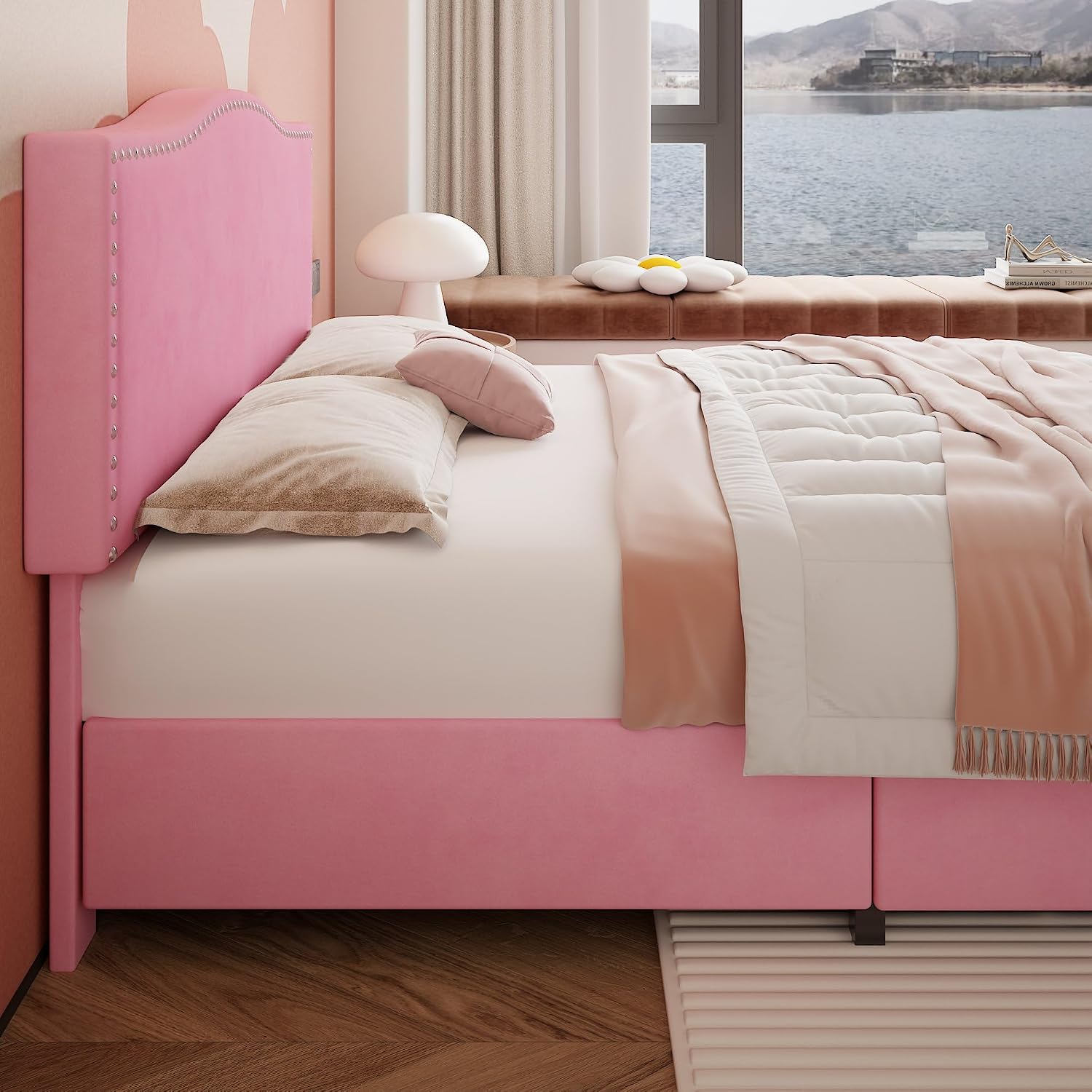 VECELO Queen Bed Frame, Platform Bed Frame with 4 Underbed Storage Drawers & Adjustable Height Upholstered Headboard, Heavy-Duty Frame and Strong Wooden Slats Support, Noise-Free, Easy Assembly, Pink