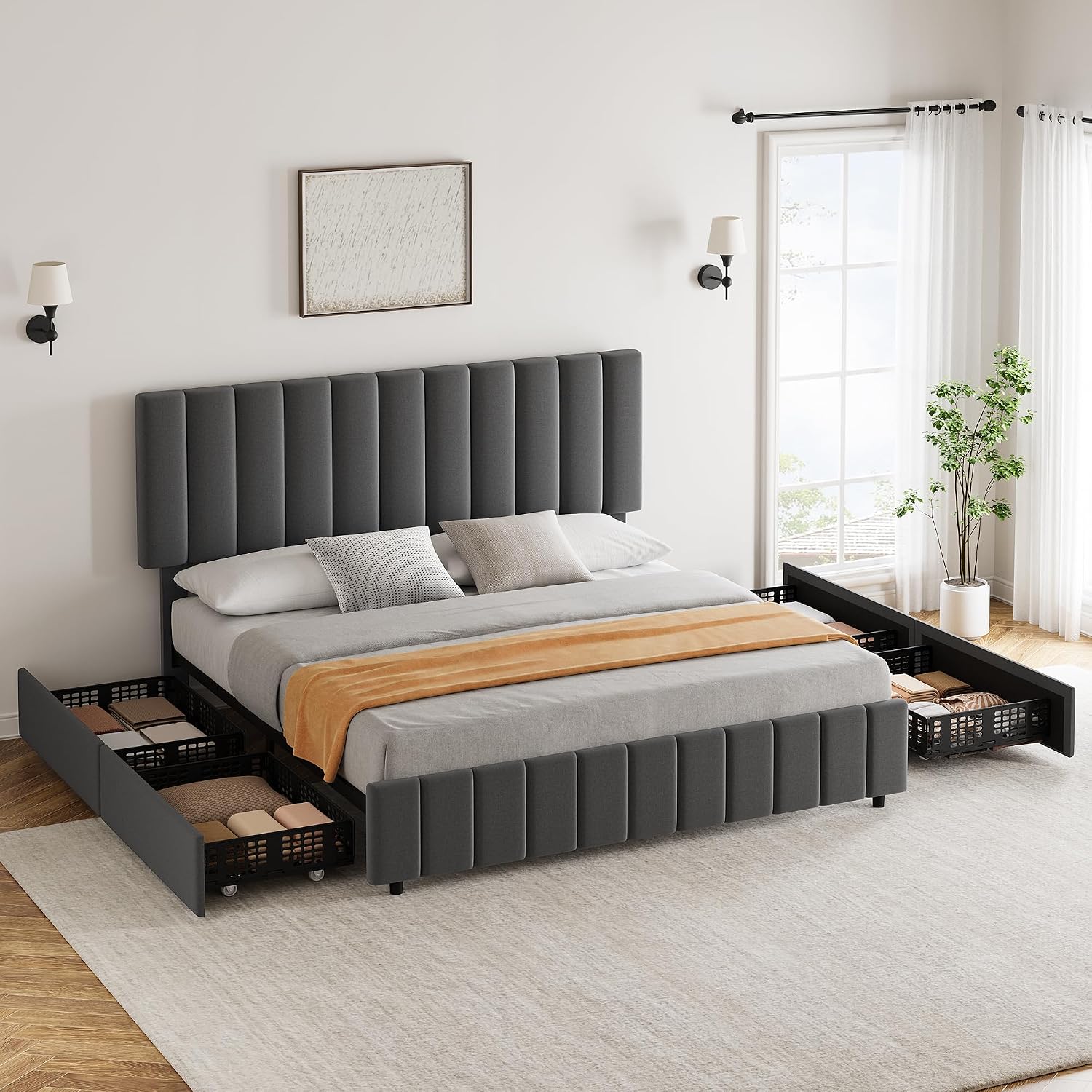 Garvee Full Size Bed Frame with 4 Storage Drawers, Adjustable Height Headboard, Linen Upholstered Platform Bed Frame, No Box Spring Needed, Easy Assembly, Grey
