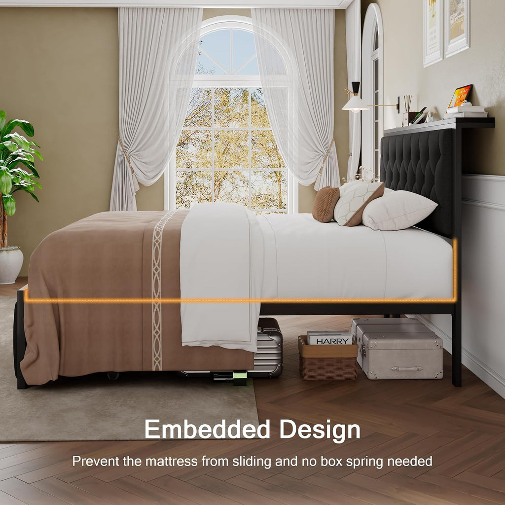 Einhomn Full Size Bed Frame with 2 Storage Drawers, Metal Platform Bed with Charging Station, Upholstered Linen Button Tufted Storage Headboard, No Box Spring Needed, Easy Assembly, Noise Free, Black