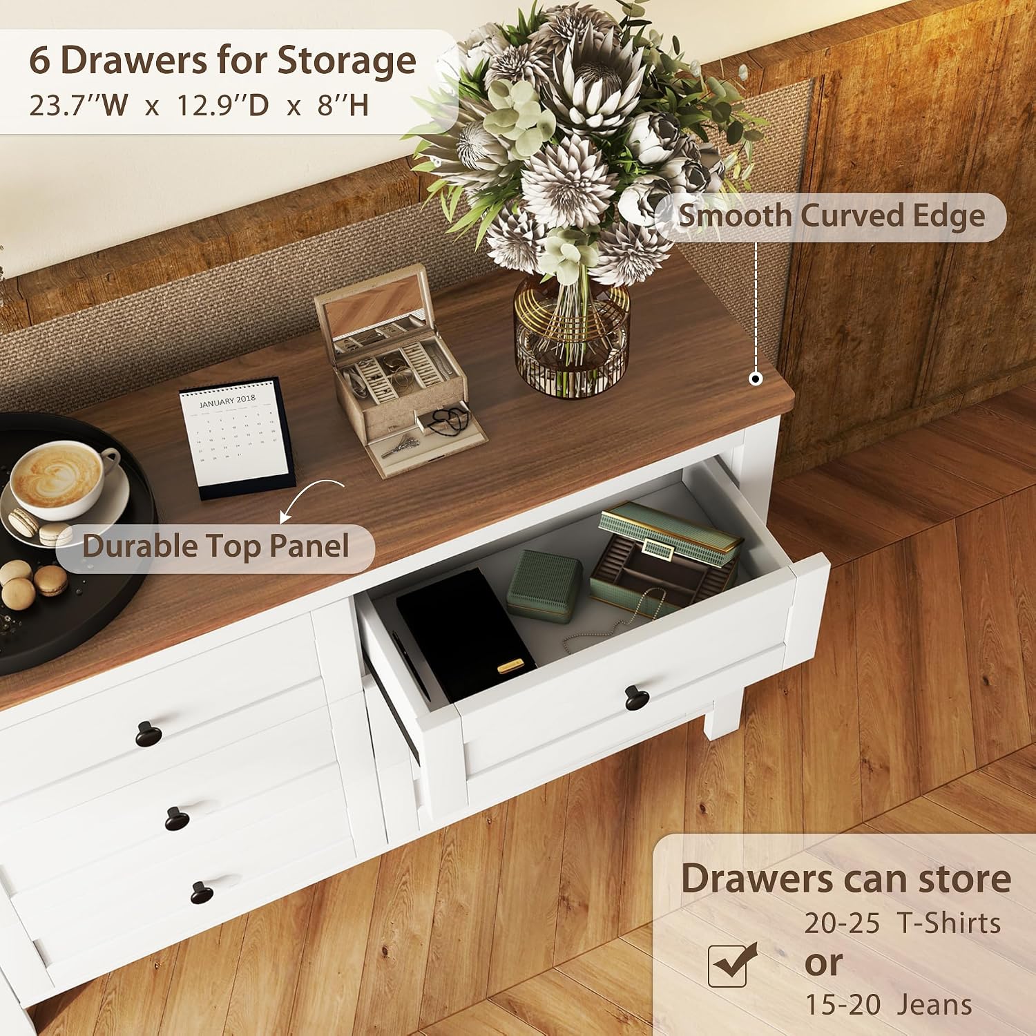 SOFTSEA 3-Piece Farmhouse Bed Frame Set with Charging Station, Full Size Platform Bed with Storage Headboard, Storage Nightstand and Dresser, Wood Bedroom Furniture Set, White+Brown