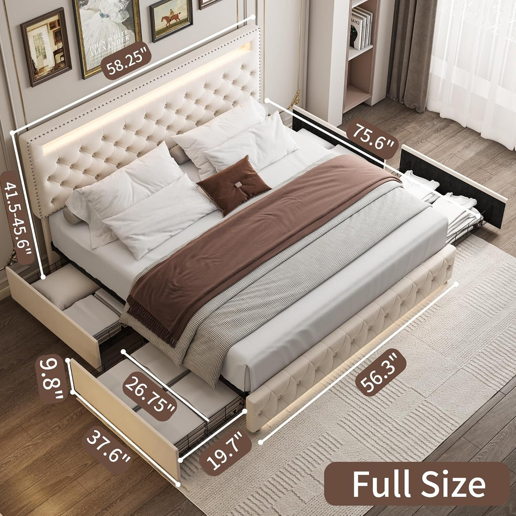 Full LED Bed Frame with 4 Drawers, Platform Bed with Headboard, Adjustable Upholstered Diamond Headboard and Frame, No Box Spring Needed, Wooden Slats Support,Velvet Cream