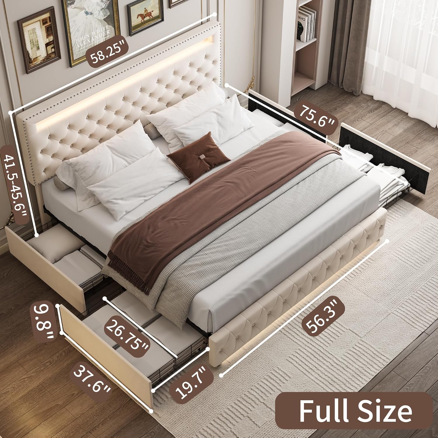 Full LED Bed Frame with 4 Drawers, Platform Bed with Headboard, Adjustable Upholstered Diamond Headboard and Frame, No Box Spring Needed, Wooden Slats Support,Velvet Cream