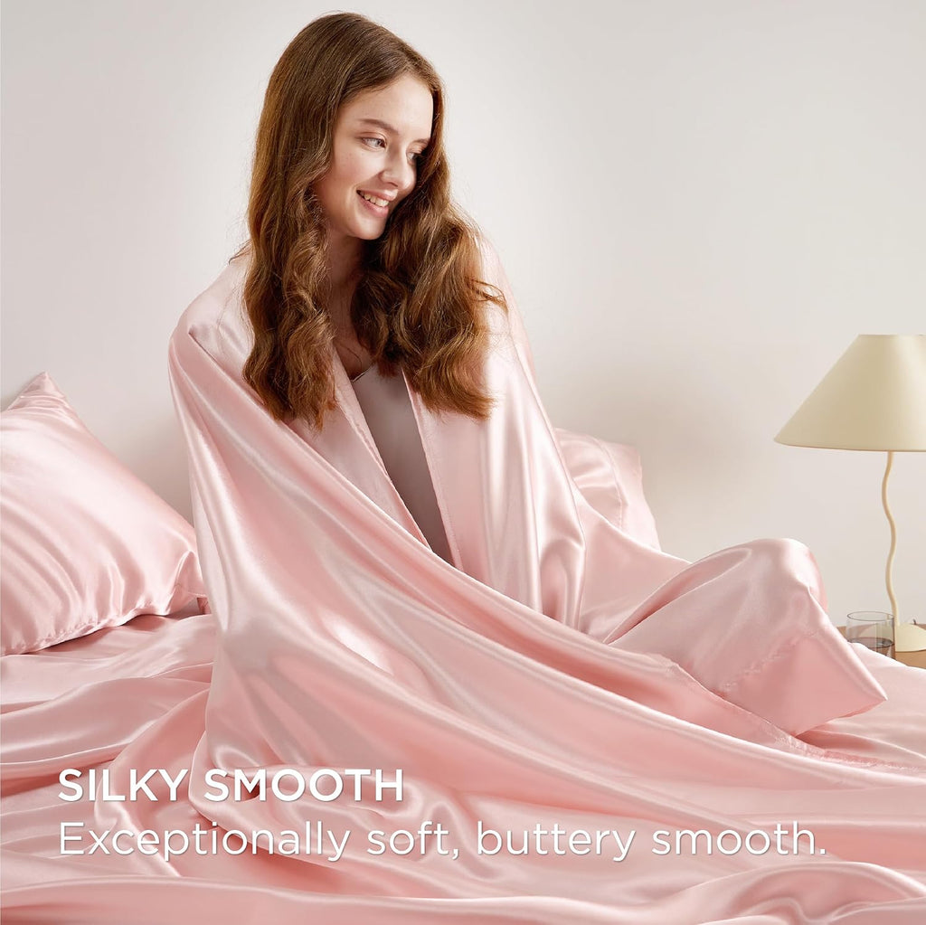 Twin XL Size 4-Piece Sheet Set Premium 30 Momme Mulberry Silk Bed Sheets Set Fits 23-26' Deep Pocket (Solid, Light Pink)
