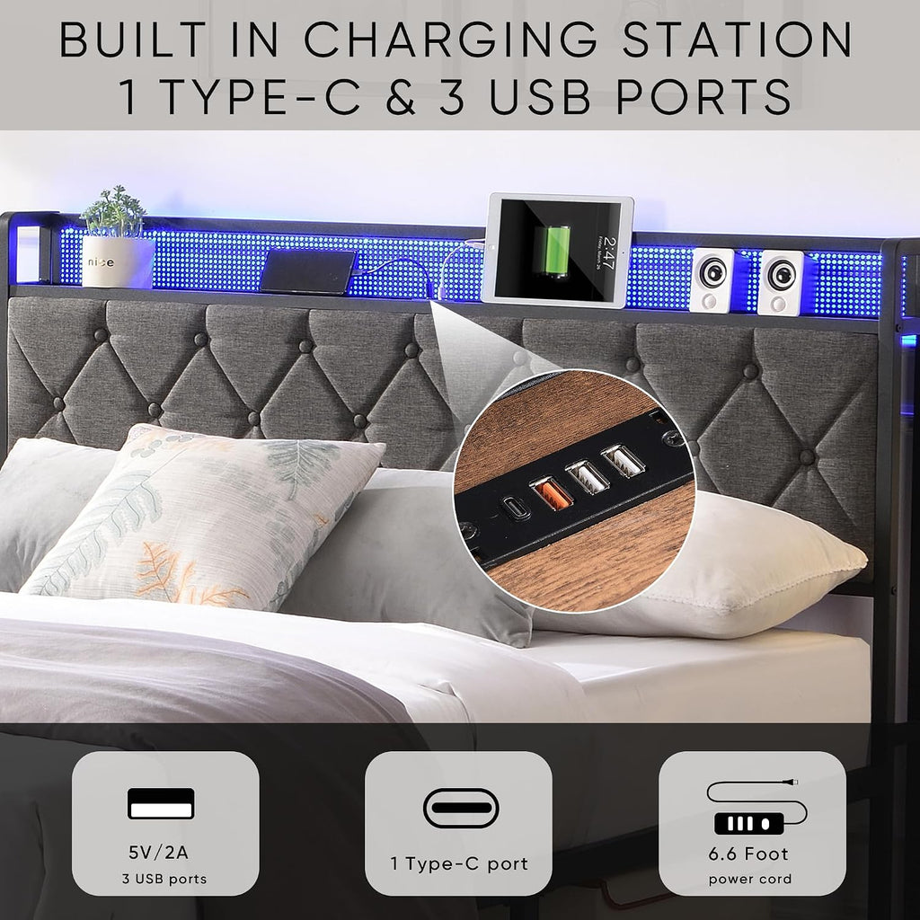 Full Size Bed Frames with Storage Headboard, LED Platform Bed Frame Full Size, Upholstered Bed Frame with Charging Station, No Box Spring Needed, Easy Assembly,Dark Gray