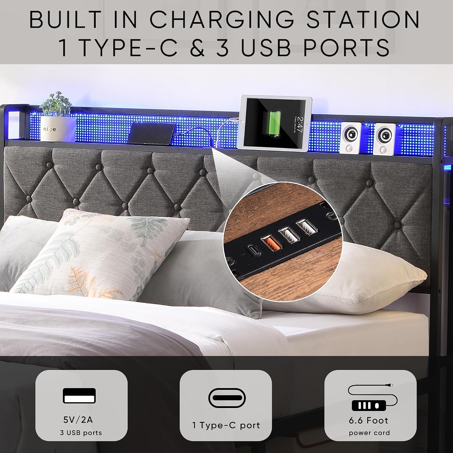 Full Size Bed Frames with Storage Headboard, LED Platform Bed Frame Full Size, Upholstered Bed Frame with Charging Station, No Box Spring Needed, Easy Assembly,Dark Gray