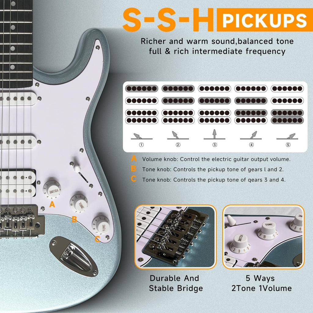 Ermik Solid Body Electric Guitar Kit with Amp 20W, Strings, Strap, Digital Tuner, Picks, Gig Bag, Cable, Tremolo Bar, 39' Full Size Guitar HSS Pickups Guitarra Electrica Beginner Gift