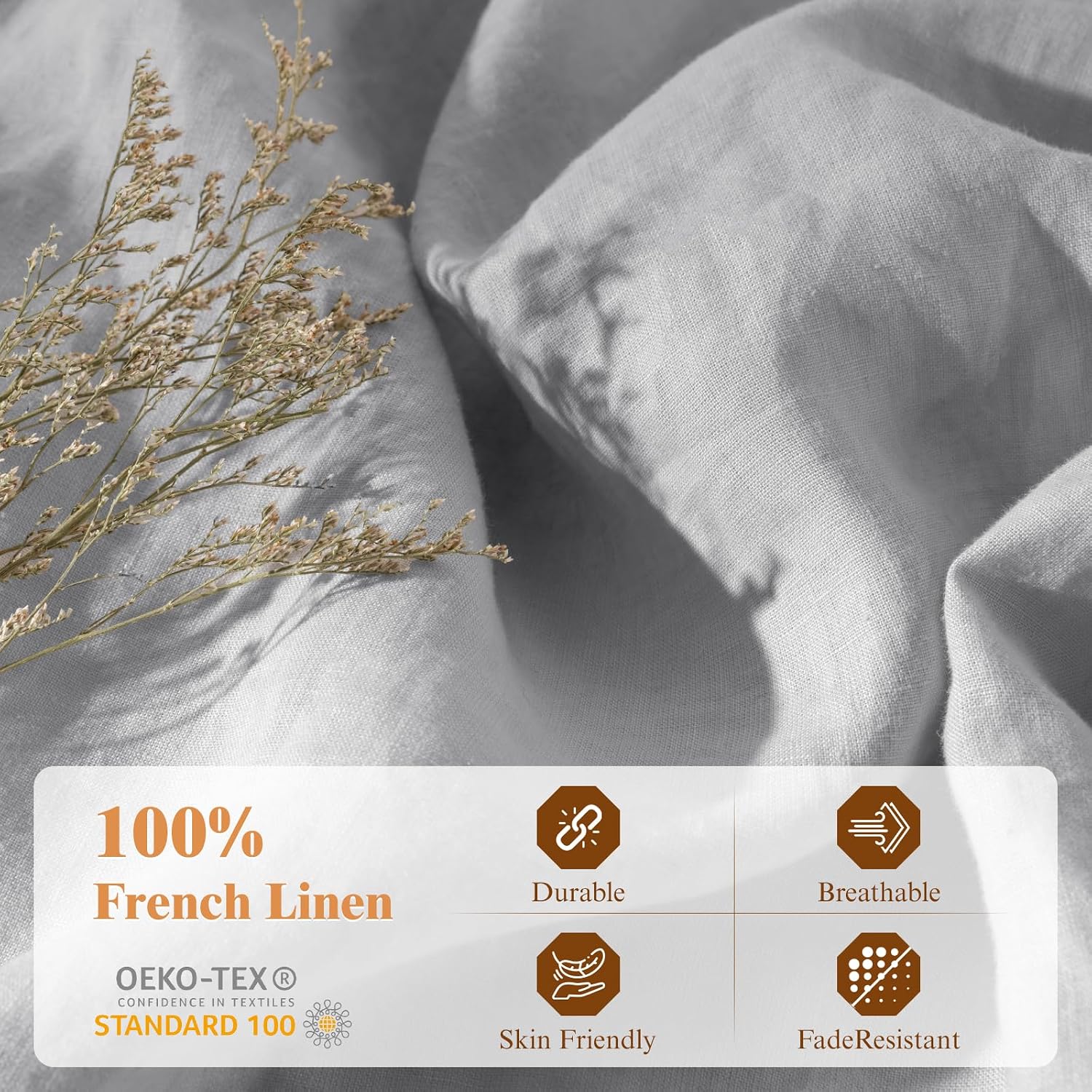 LBRO2M 100% France Linen Duvet Cover Set 3 Pcs Natural Flax Duvet Cover Set 2 Pillowcase 1 Duvet Cover with Zipper (Gray California King)
