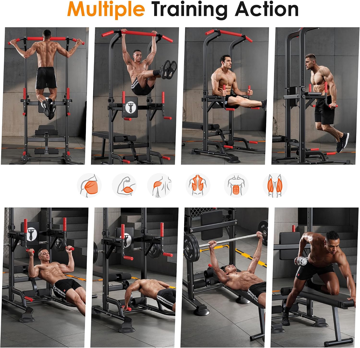 soges Pull Up Bar Dip Station, Power Tower with Folding Dumbbell Bench & Backrest, Adjustable Height Pull Up Bar Stand, Multi-Function Home Gym Strength Training Fitness Equipment 330LBS